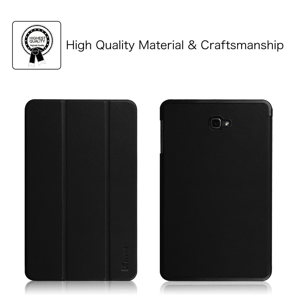Schwarze Tablet-Hülle, Vorder- und Rückansicht. Hohe Qualität Material & Handwerkskunst ist geschrieben.