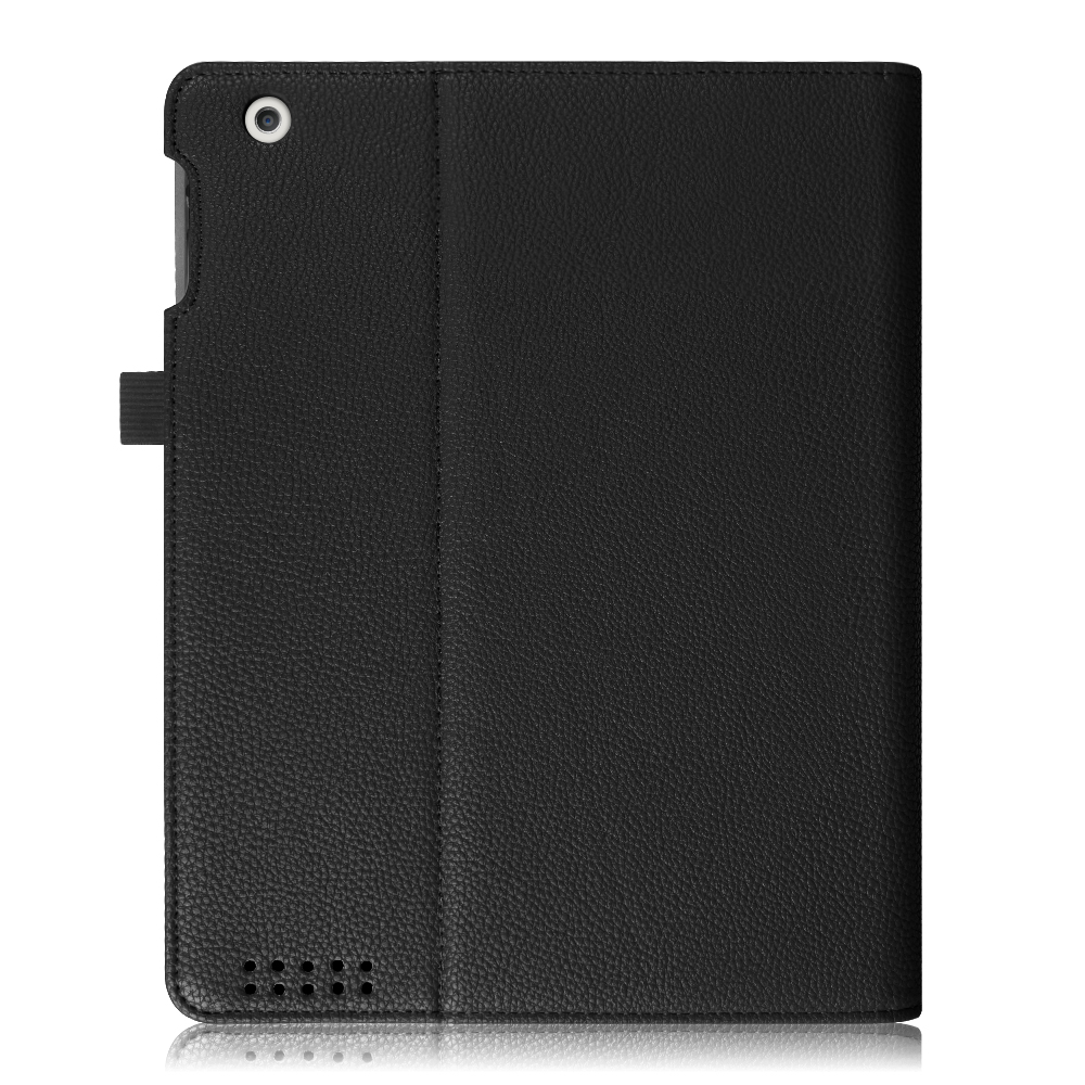 Schwarze Tablet-Hülle. Geschlossen, zeigt die Abdeckung. Die Hülle scheint aus Leder zu sein.