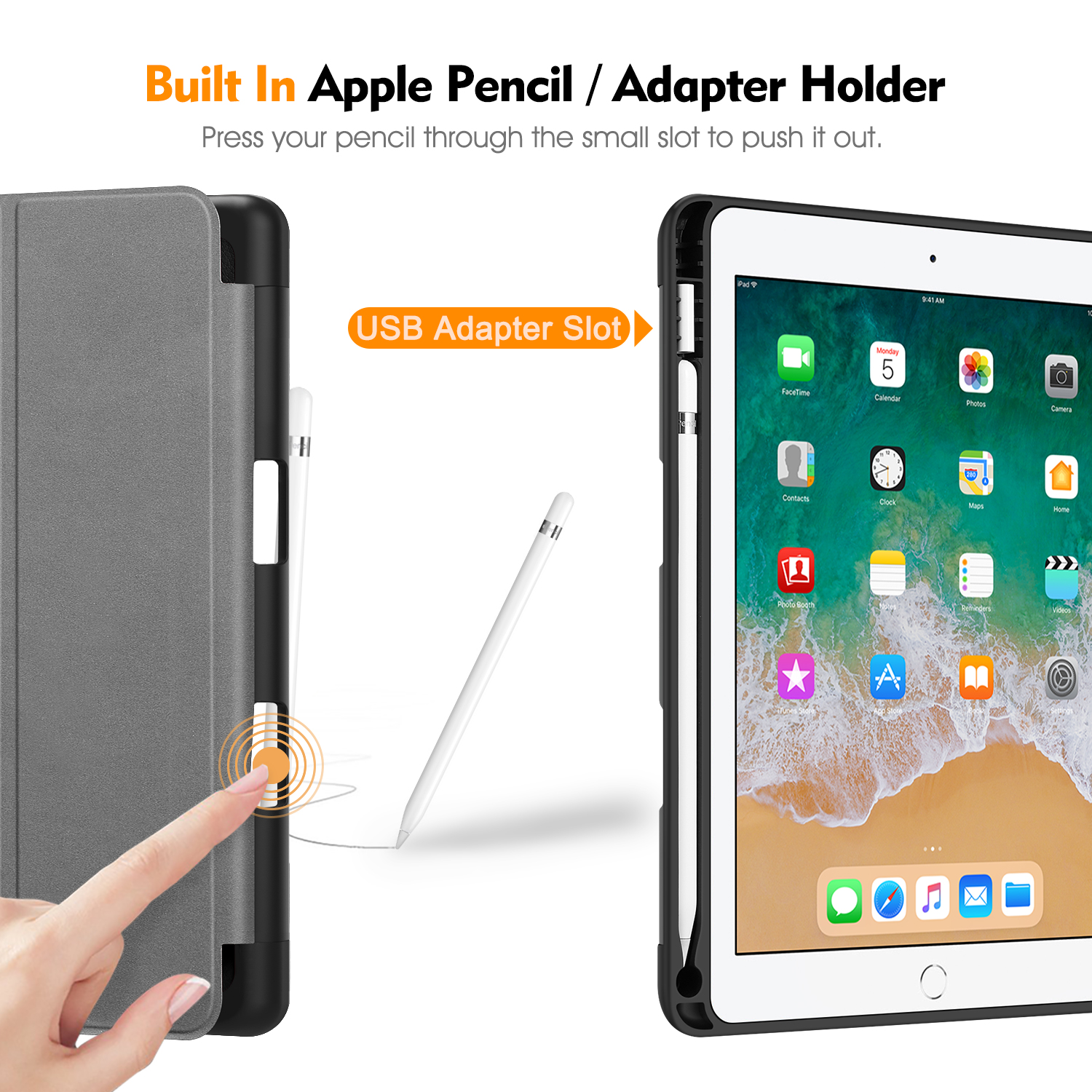 iPad-Hülle mit Apple Pencil-Halter, Finger berührt den Steckplatz, iPad-Bildschirm sichtbar. Weißer Stift und Adapter.