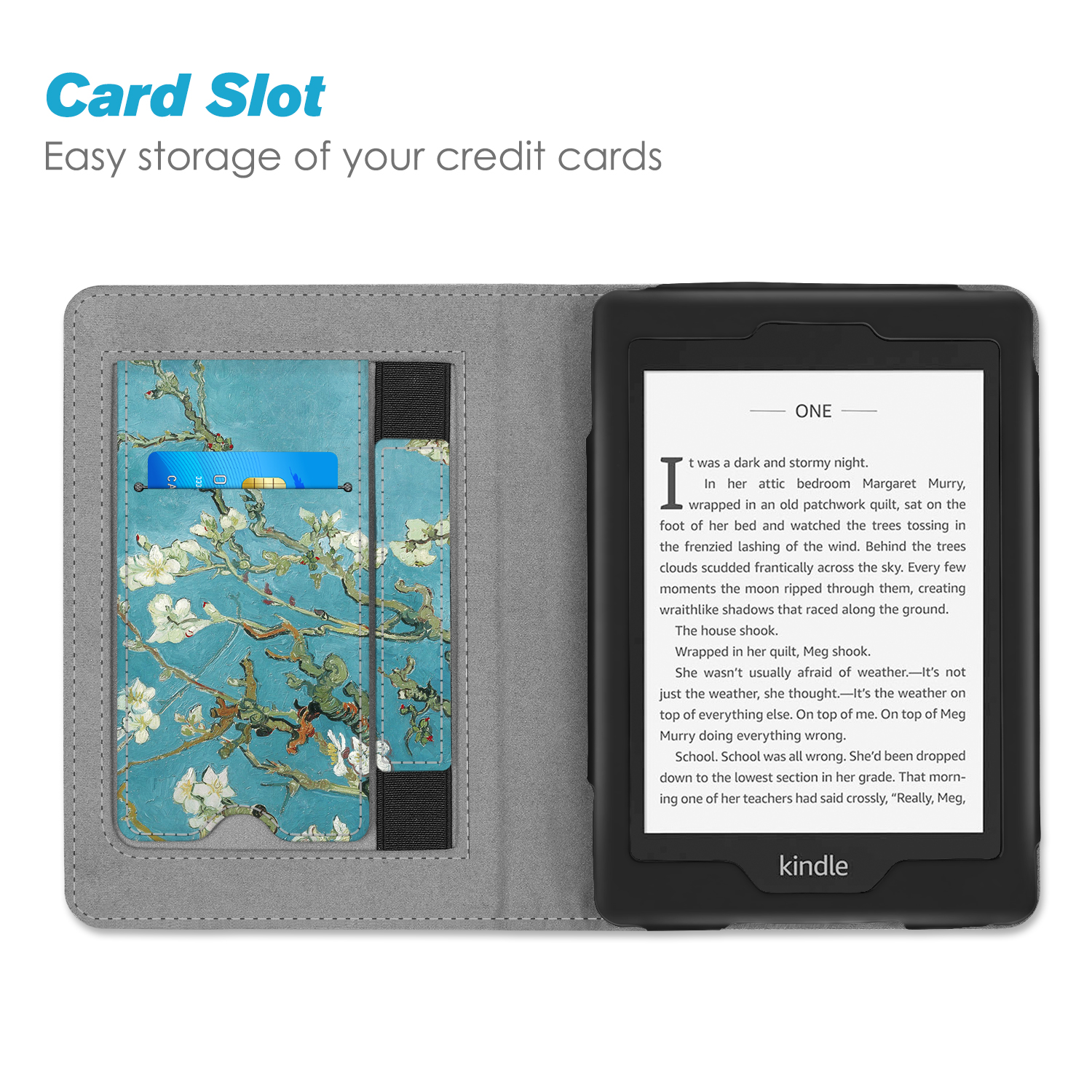 Kindle in einem Etui geöffnet, Text anzeigend. Das Etui hat einen Kreditkartensteckplatz und ein Gemälde.