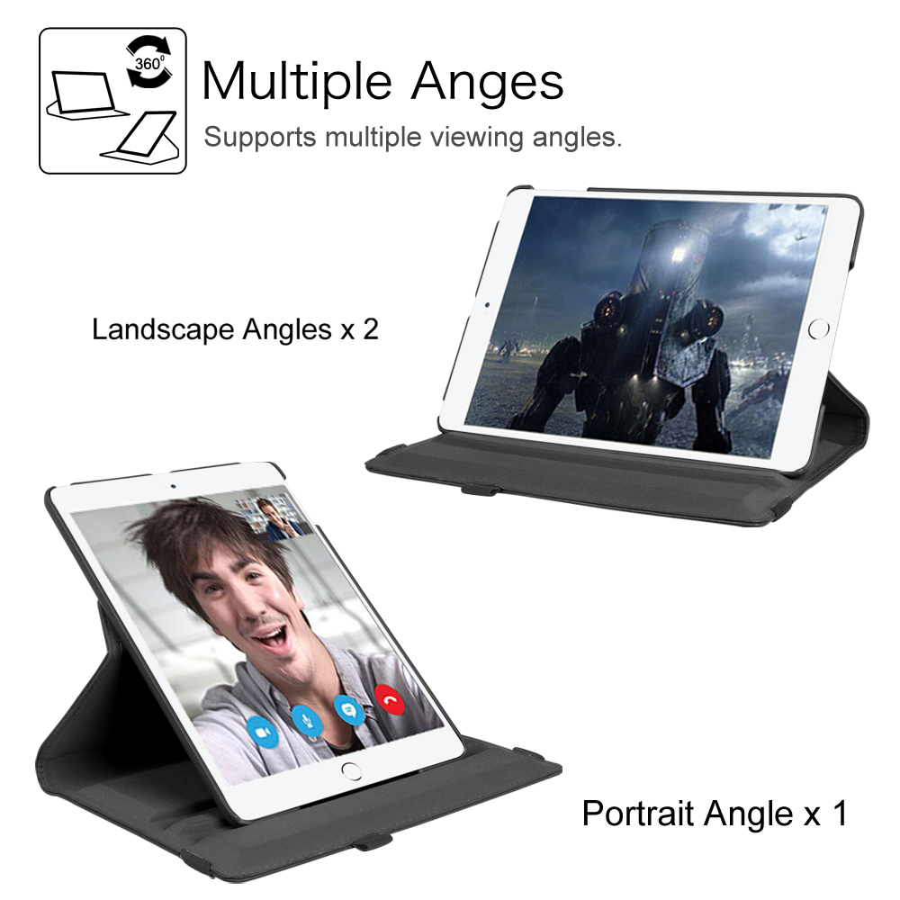 Zwei Tablets in Hüllen, die Quer- und Hochkantwinkel zeigen. Text sagt 'Multiple Angles'.