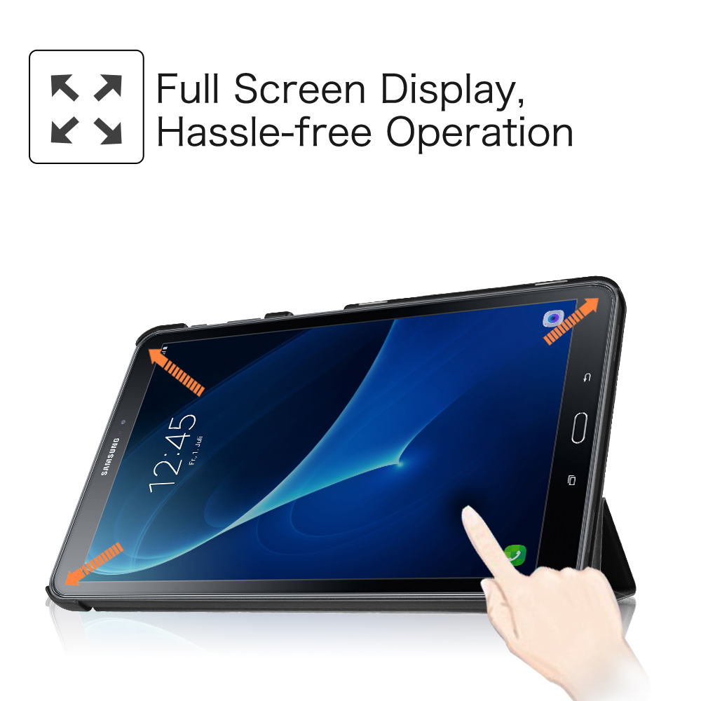 Tablet mit Bildschirm, der 12:45 anzeigt. Ein Finger berührt den Bildschirm. Orangefarbene Pfeile zeigen die Richtung an.