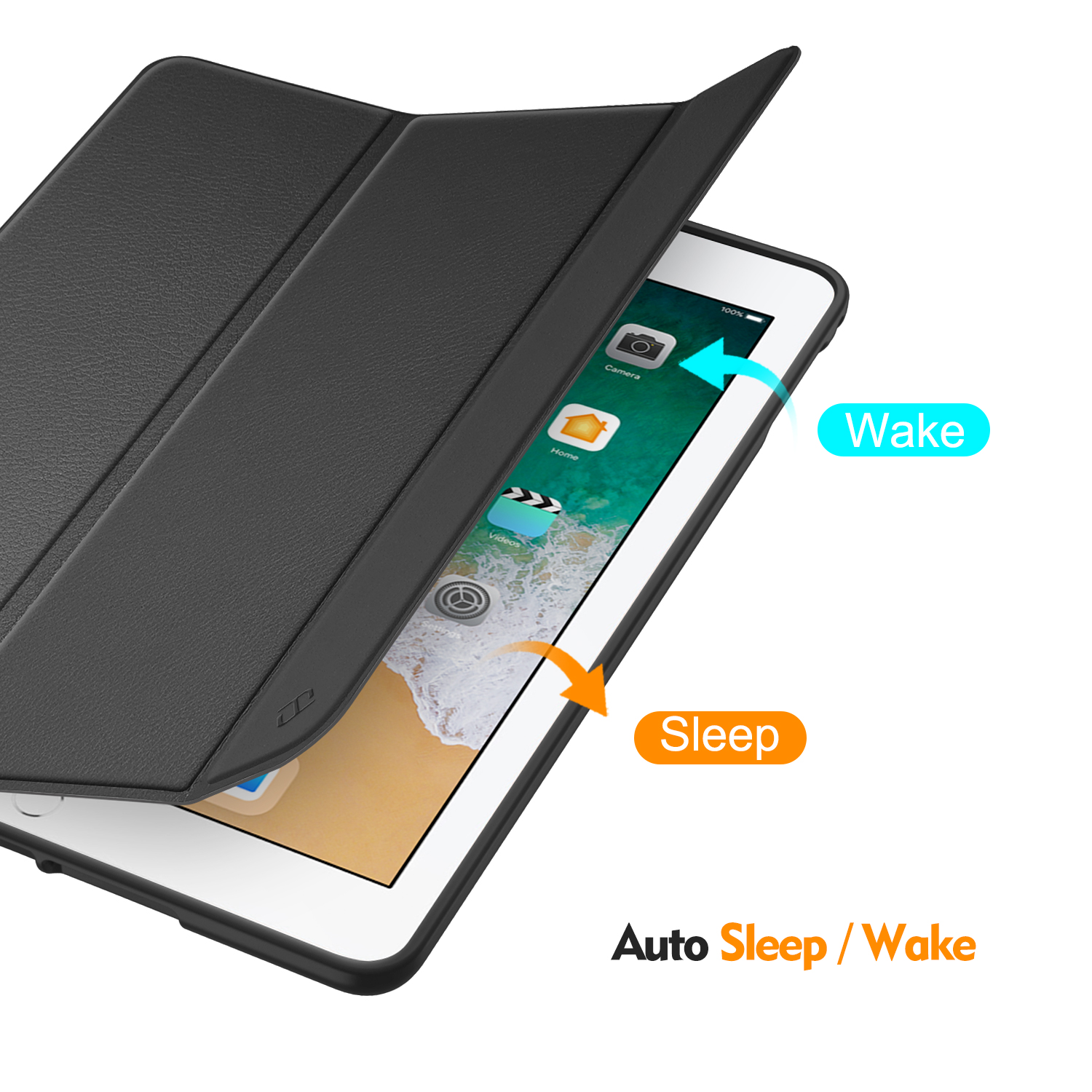 Ein iPad mit schwarzem Cover. Das Cover ist geöffnet. Text: Auto Sleep/Wake. Blaue und orangefarbene Pfeile.