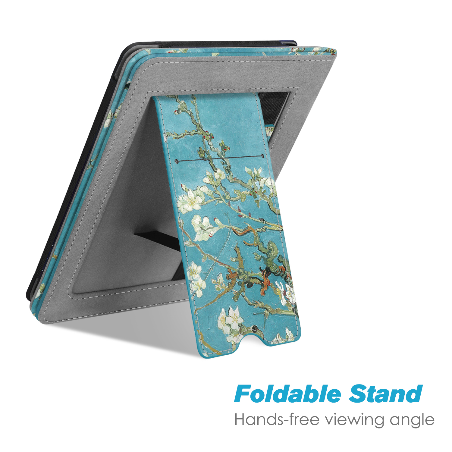 Ein Tablet in einem Case mit Van Gogh-Gemälde auf Ständer, weißer Hintergrund, Text.