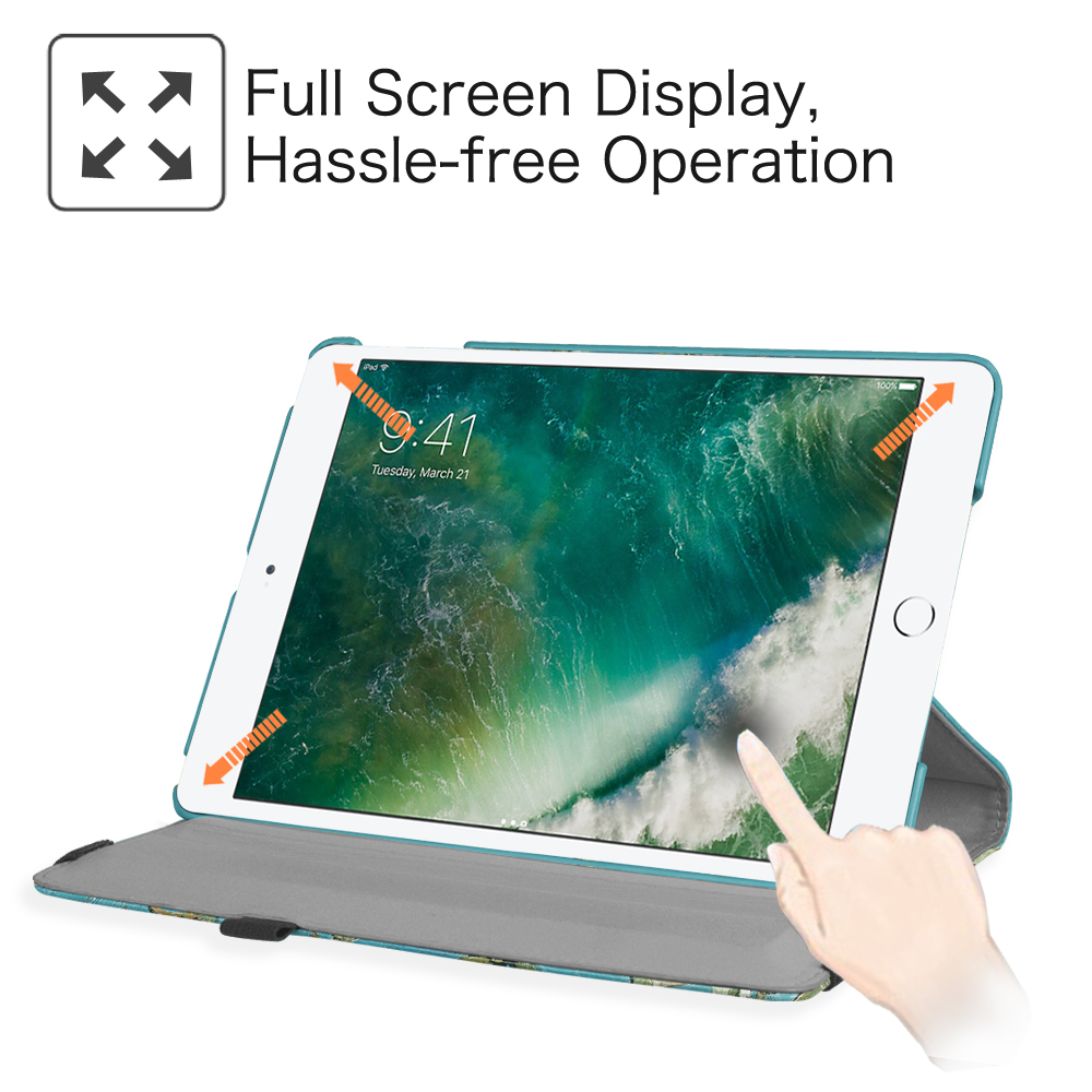 Ein iPad in einer Hülle, ein Finger berührt den Bildschirm, Pfeile zeigen Kanten.