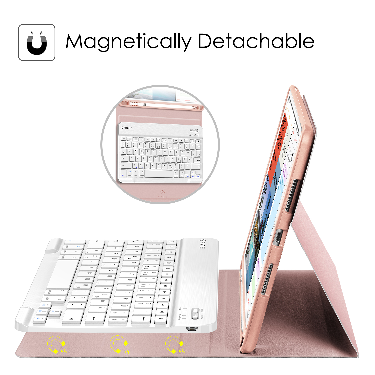 Rosa Tablethülle mit weißer Tastatur, magnetischer Befestigung und einem Tablet mit Bildschirm.