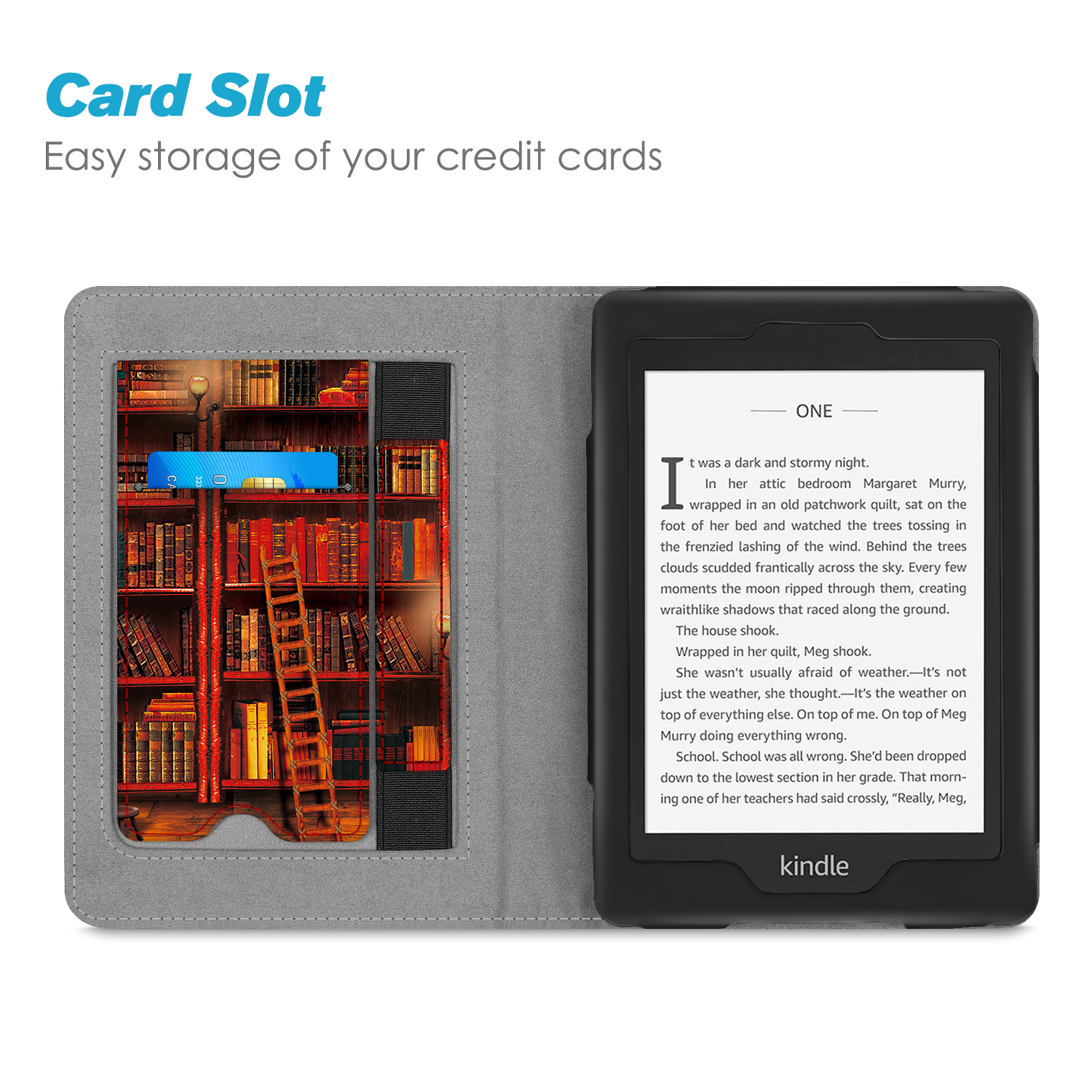 Kindle-E-Reader mit geöffneter Hülle, die ein Buch zeigt. Es hat einen Kartensteckplatz. Der Hintergrund zeigt ein Bücherregal.