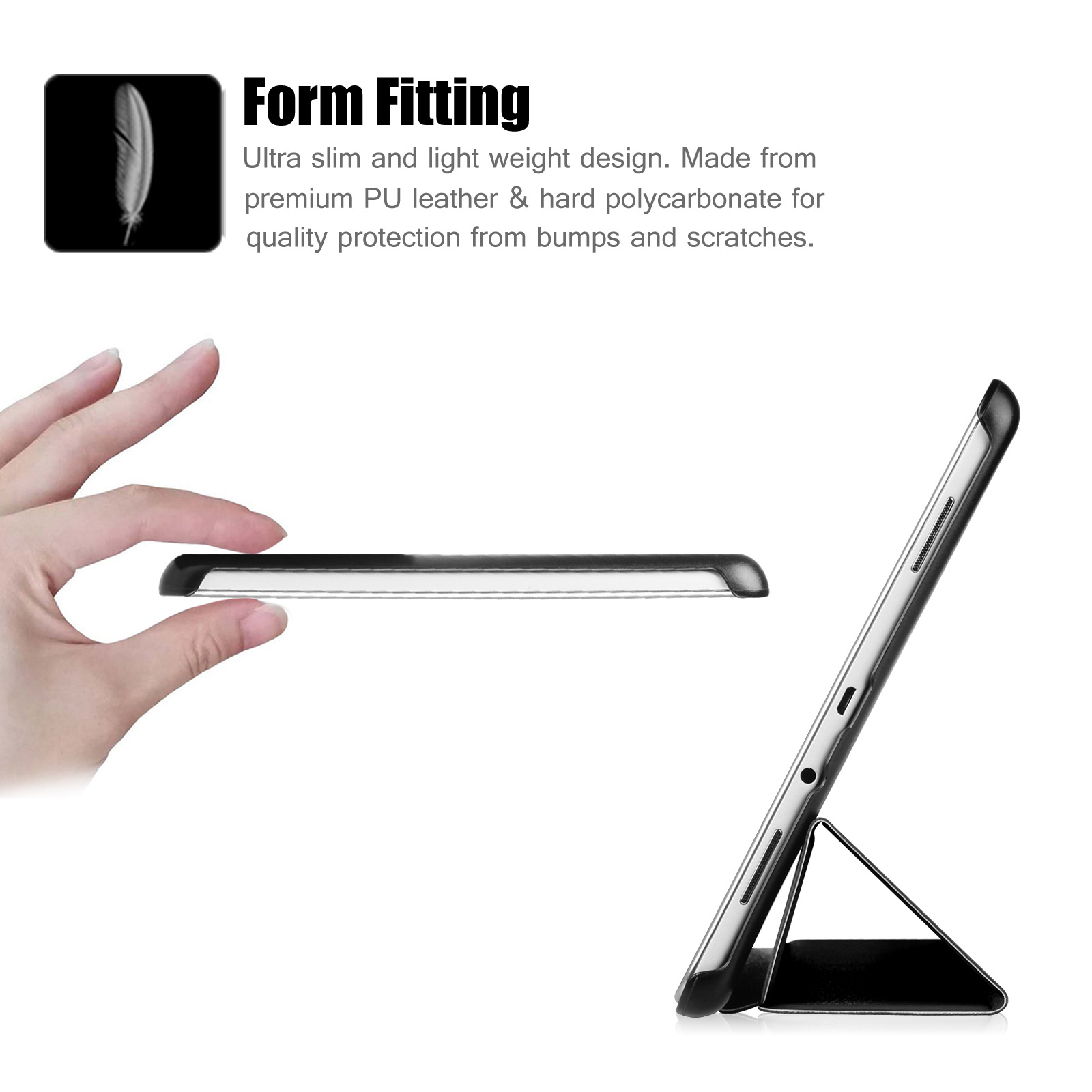 Hand, die eine schwarze Tablethülle hält. Tablet aufgestellt. Weißer Hintergrund mit Feder-Symbol.