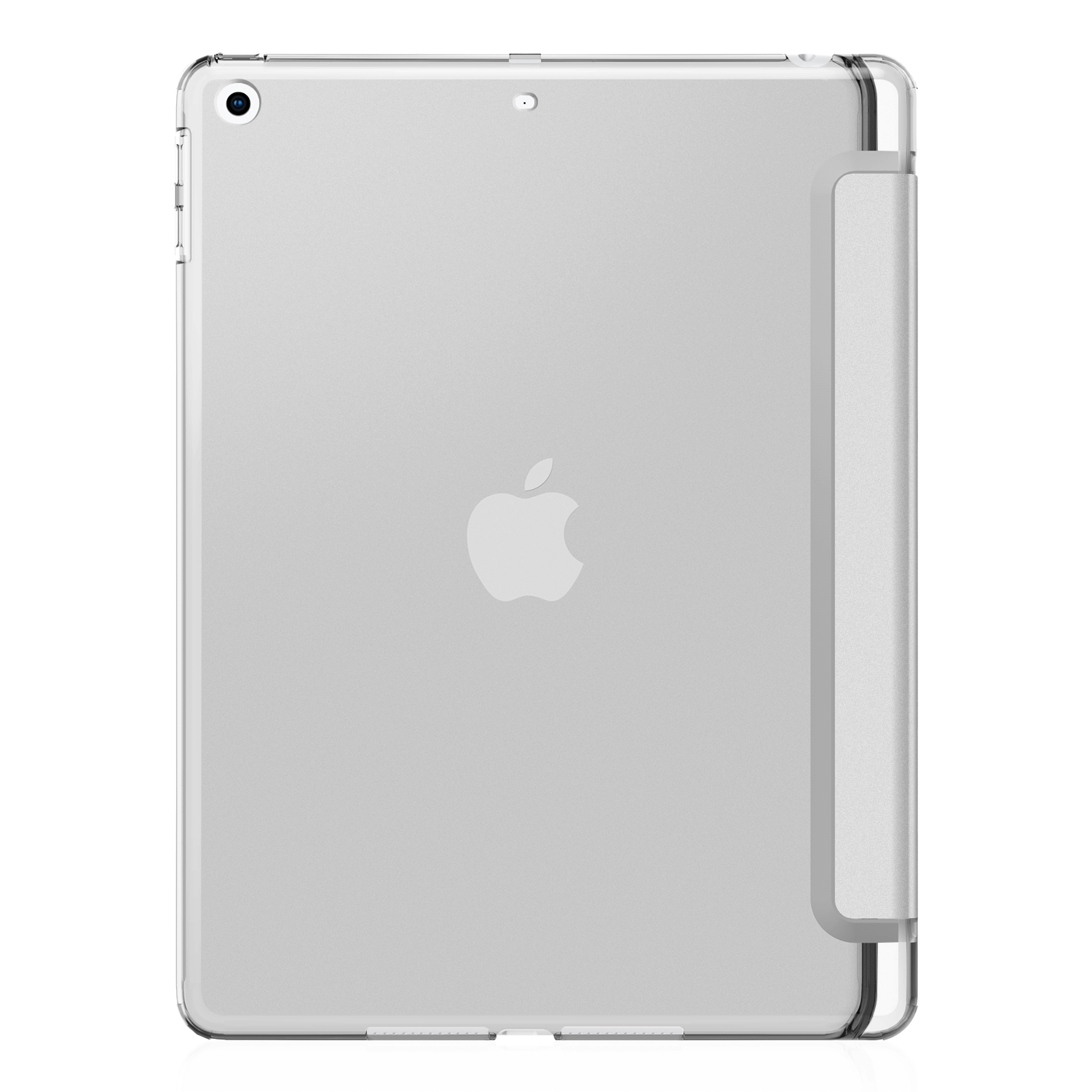 Eine transparente iPad-Hülle mit sichtbarem Apple-Logo. Die Hülle hat eine durchsichtige Rückseite und graue Seiten.