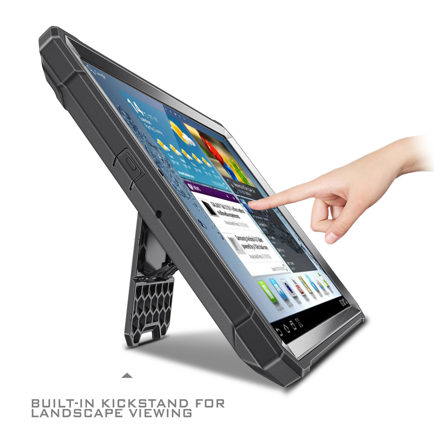 Tablet in schwarzem Gehäuse, durch einen Ständer aufgestellt, ein Finger berührt den Bildschirm.