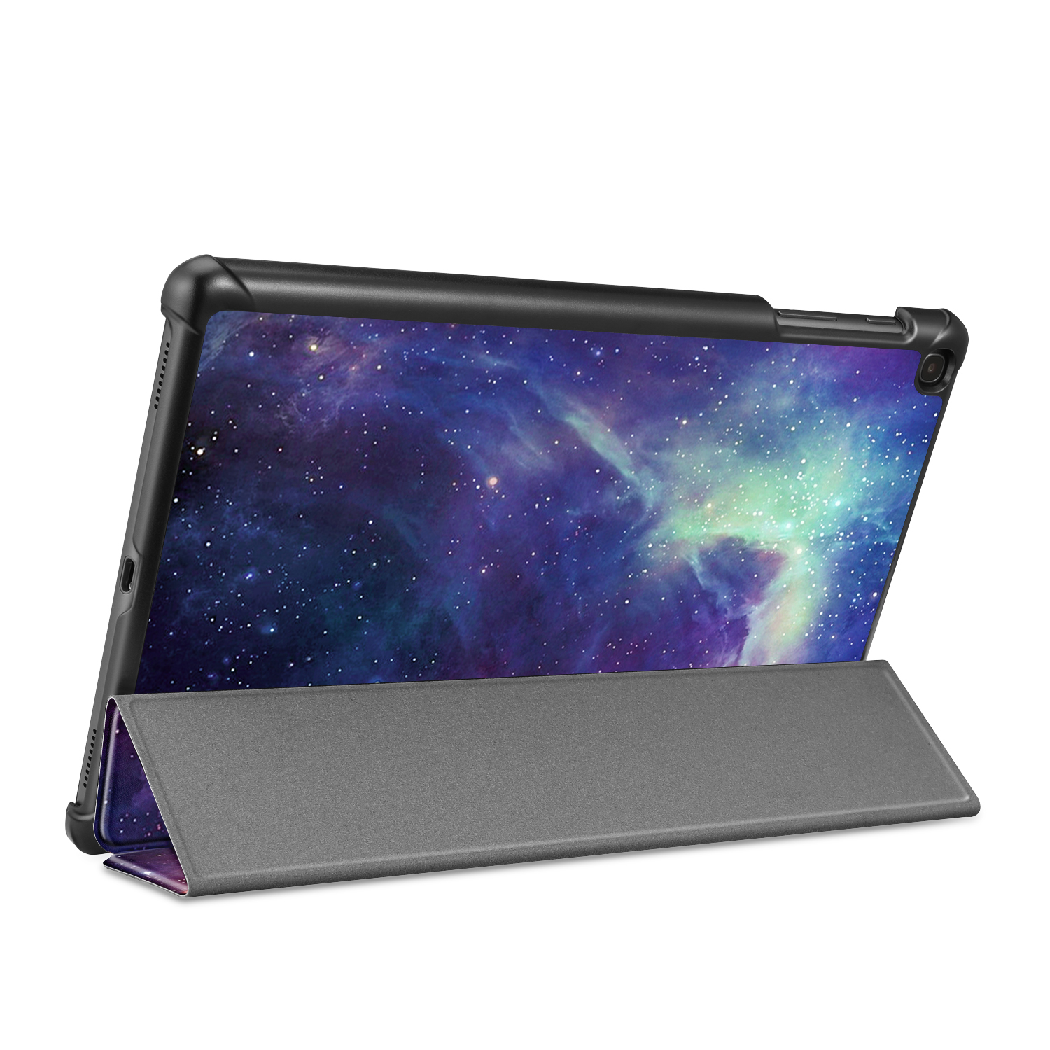 Tablet in Hülle, Bildschirm zeigt Galaxie, aufgestellt.