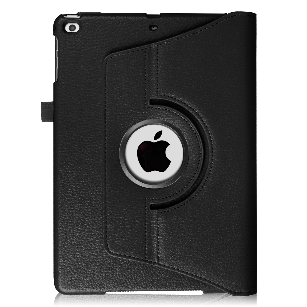 Schwarze Leder-Tablethülle mit Apple-Logo und Drehfunktion.