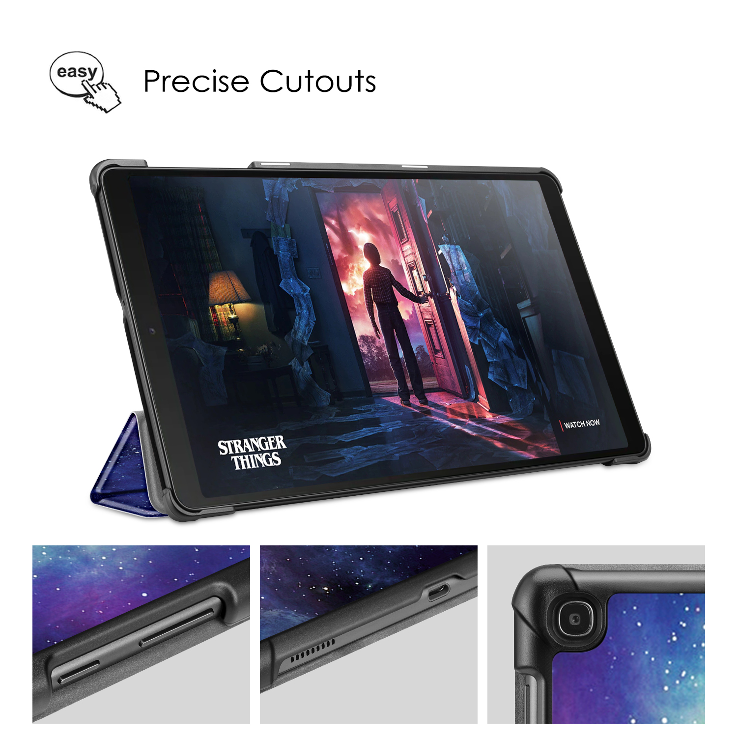 Tablet mit Hülle, schwarzer Rahmen. Bildschirm zeigt 'Stranger Things'. Präzise Ausschnitte werden gezeigt.