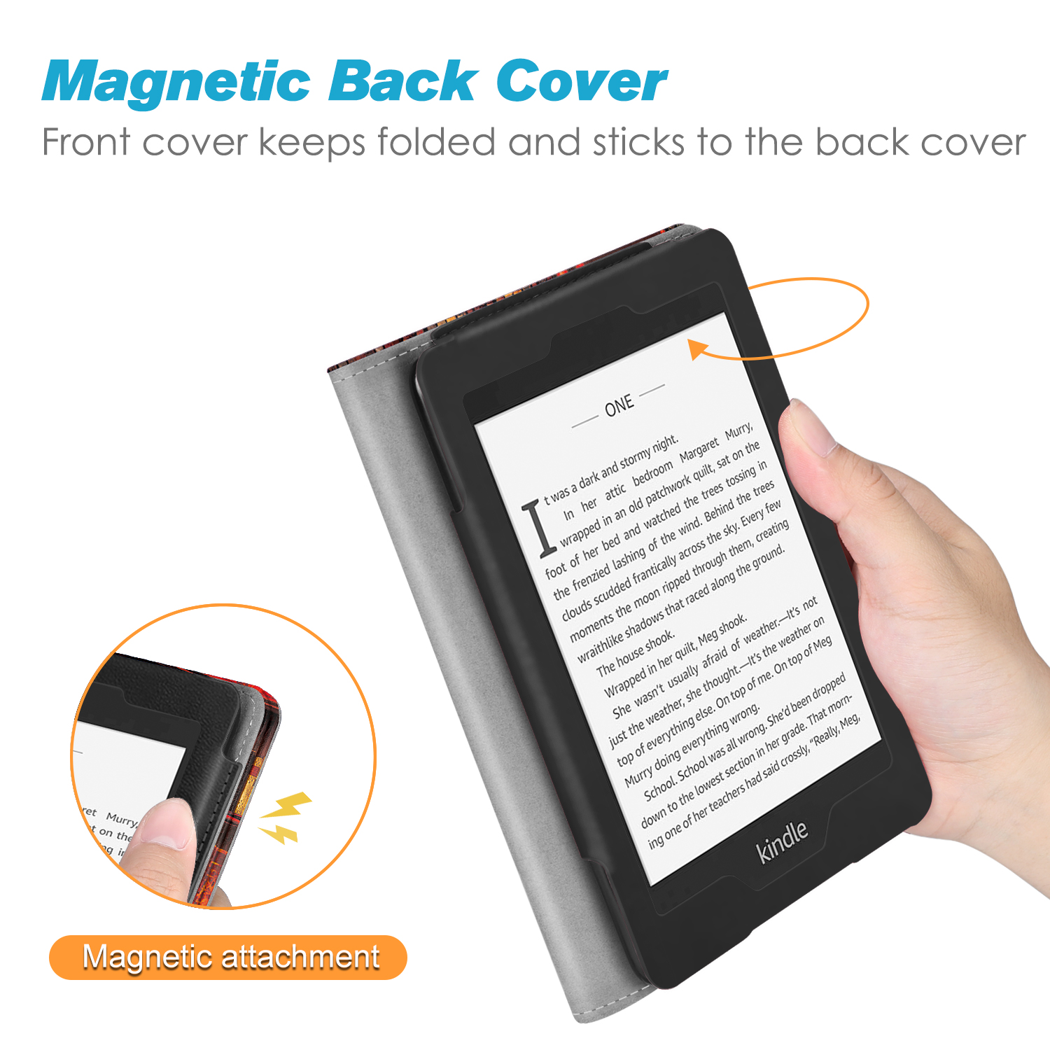 Hand hält Kindle, zeigt eine Buchseite, mit angebrachter magnetischer Rückseite.