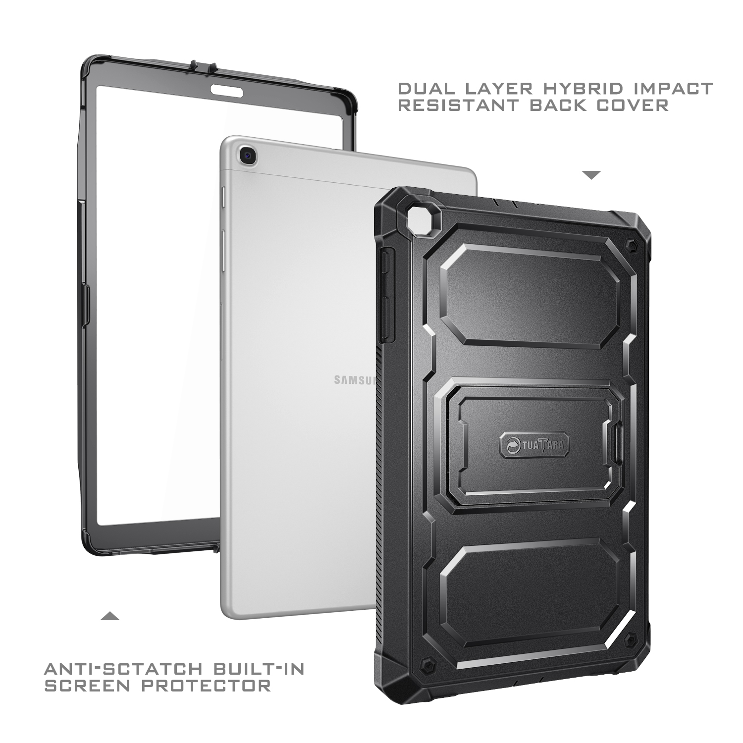 Tablethülle mit drei Schichten. Enthält Tablet, Displayschutz und eine schwarze, hybride, stoßfeste Rückabdeckung.