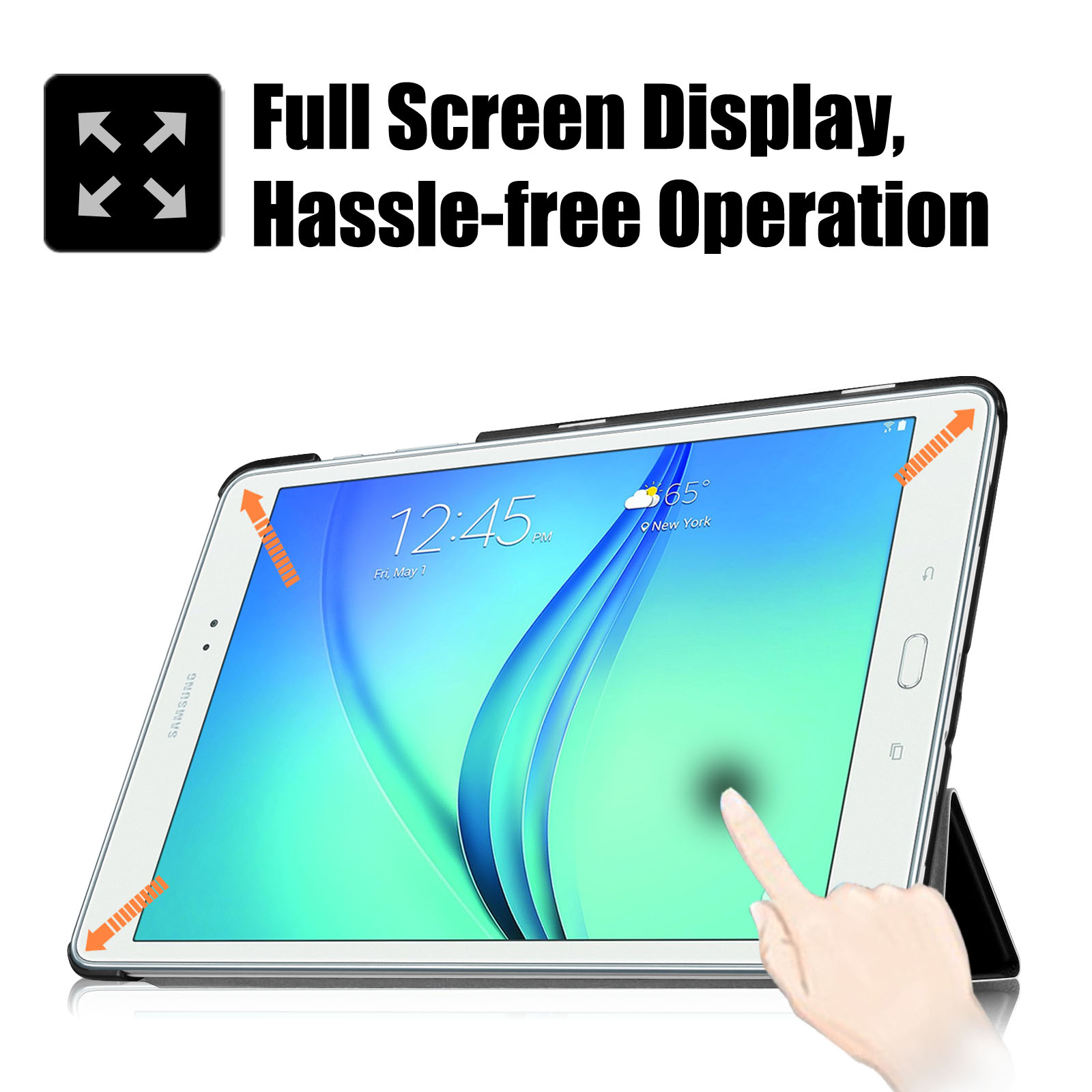 Ein Tablet mit Touchscreen, das Zeit und Temperatur anzeigt. Der Bildschirm ist in einem schwarzen Gehäuse mit Pfeilen.