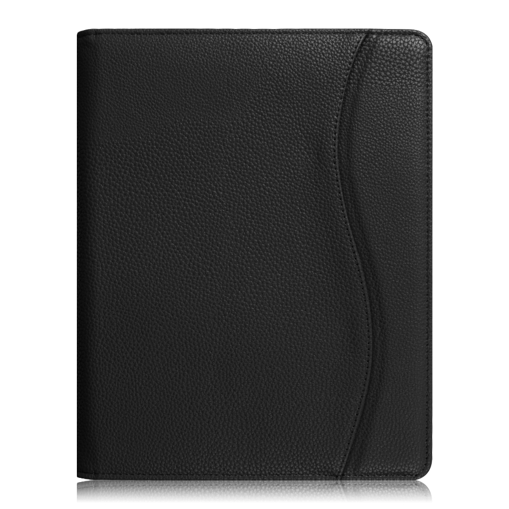 Schwarze Tablet-Lederhülle mit einem wellenförmigen Design auf der rechten Seite.
