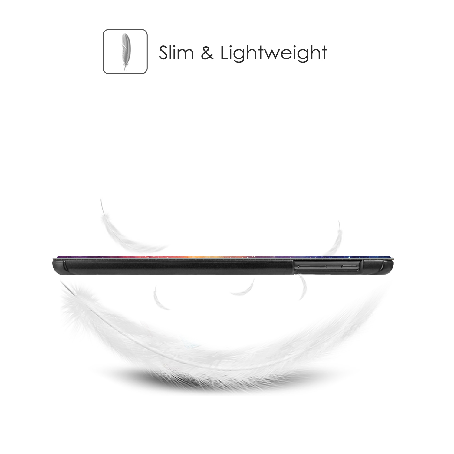 Schwarze Handyhülle mit farbenfrohem Design. Weiße Federn umgeben das Telefon.