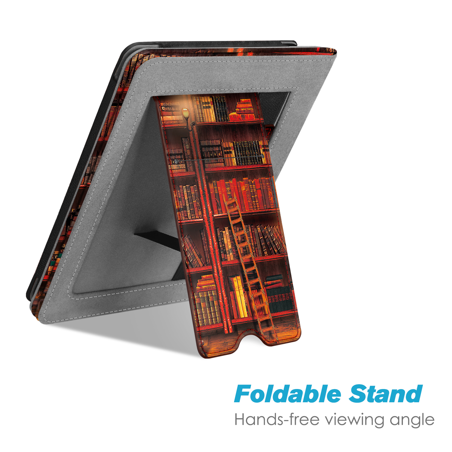 Tablet in einer Hülle mit Bücherregal-Design. Faltbarer Ständer. Weißer Hintergrund.