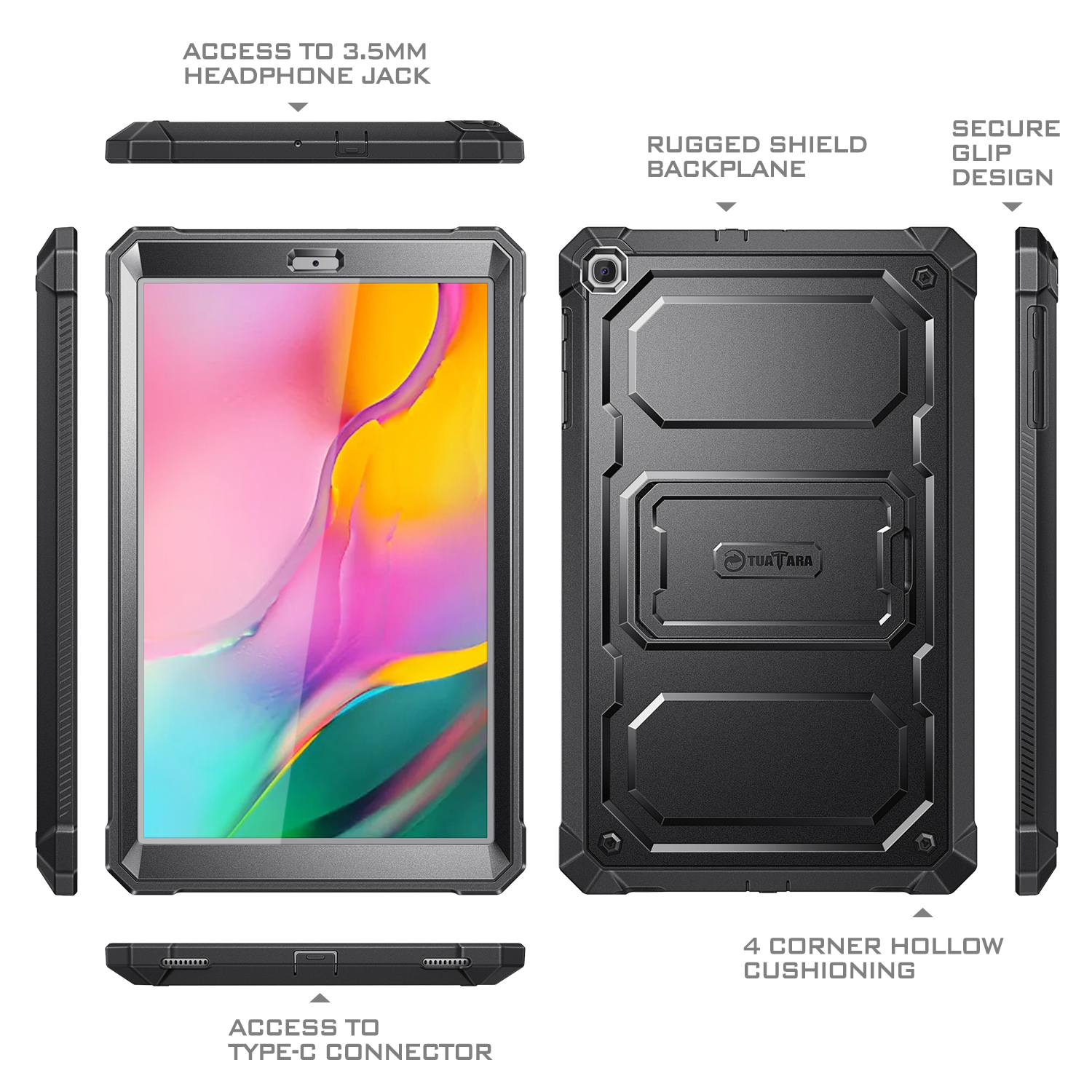 Schwarze Tablet-Hülle mit robustem Design, zeigt Vorder-, Rück- und Seitenansichten mit Etiketten.