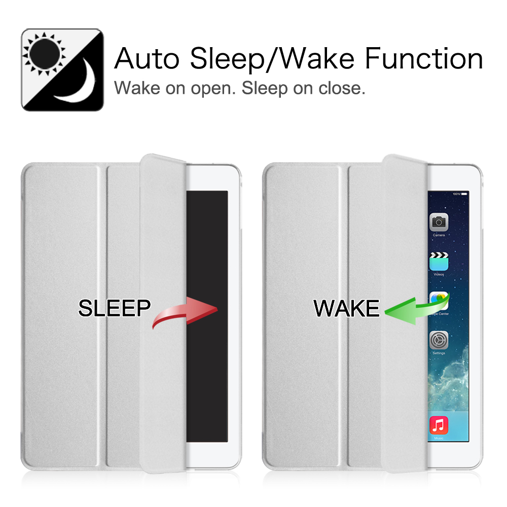 Eine iPad-Hülle, die die automatische Schlaf-/Weckfunktion zeigt. Links offen für Schlaf, rechts für Wecken.