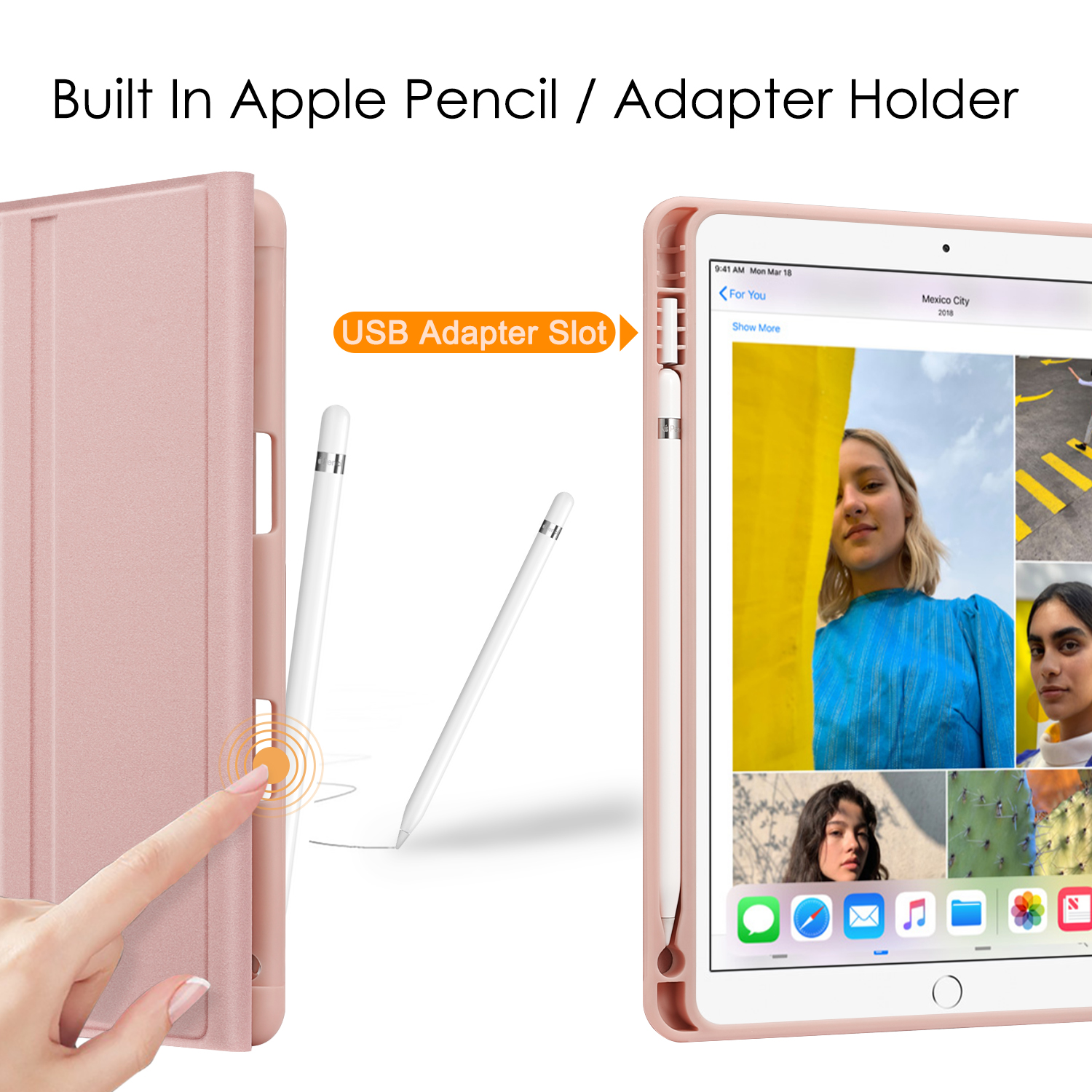 Rosa iPad-Hülle mit integriertem Apple Pencil-Halter und USB-Adapter-Steckplatz, mit Fotos auf dem iPad.