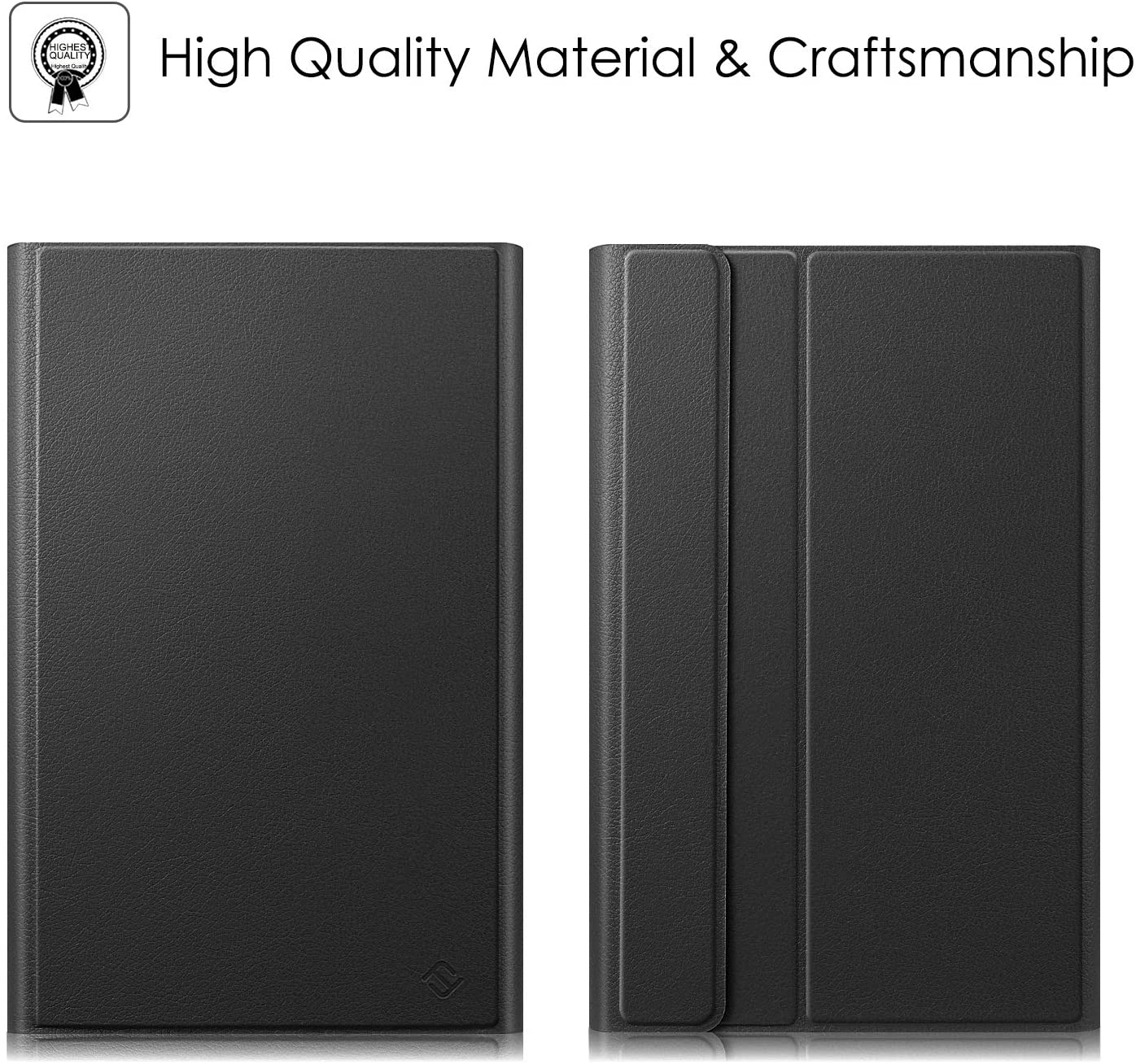 Schwarze Tablet-Hülle, zwei Ansichten. Qualitätssiegel. Strukturierte, matte Oberfläche, geschlossen und offen.