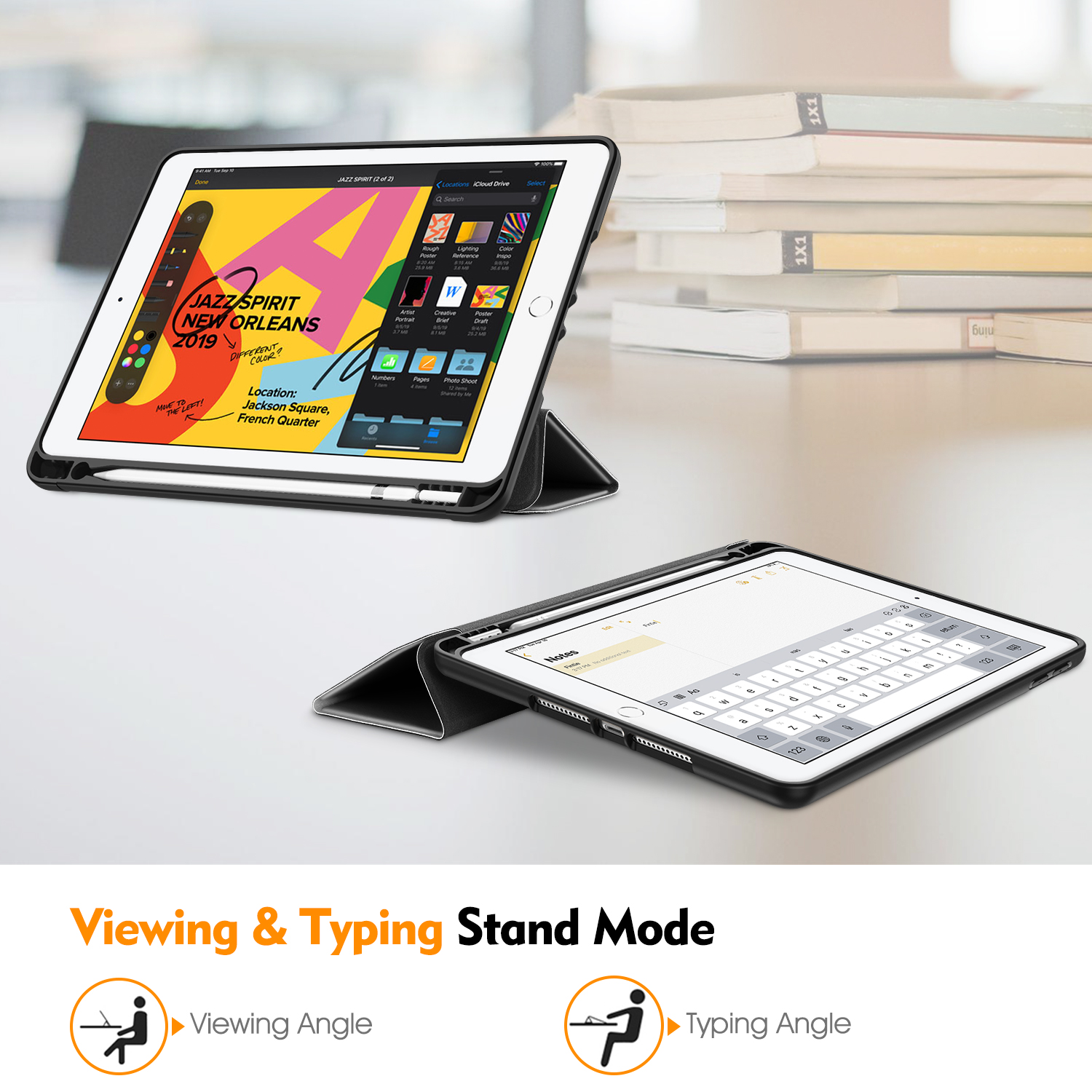 Zwei iPads, eins offen, eins mit Tastatur, auf weißer Oberfläche. Text: Viewing & Typing.