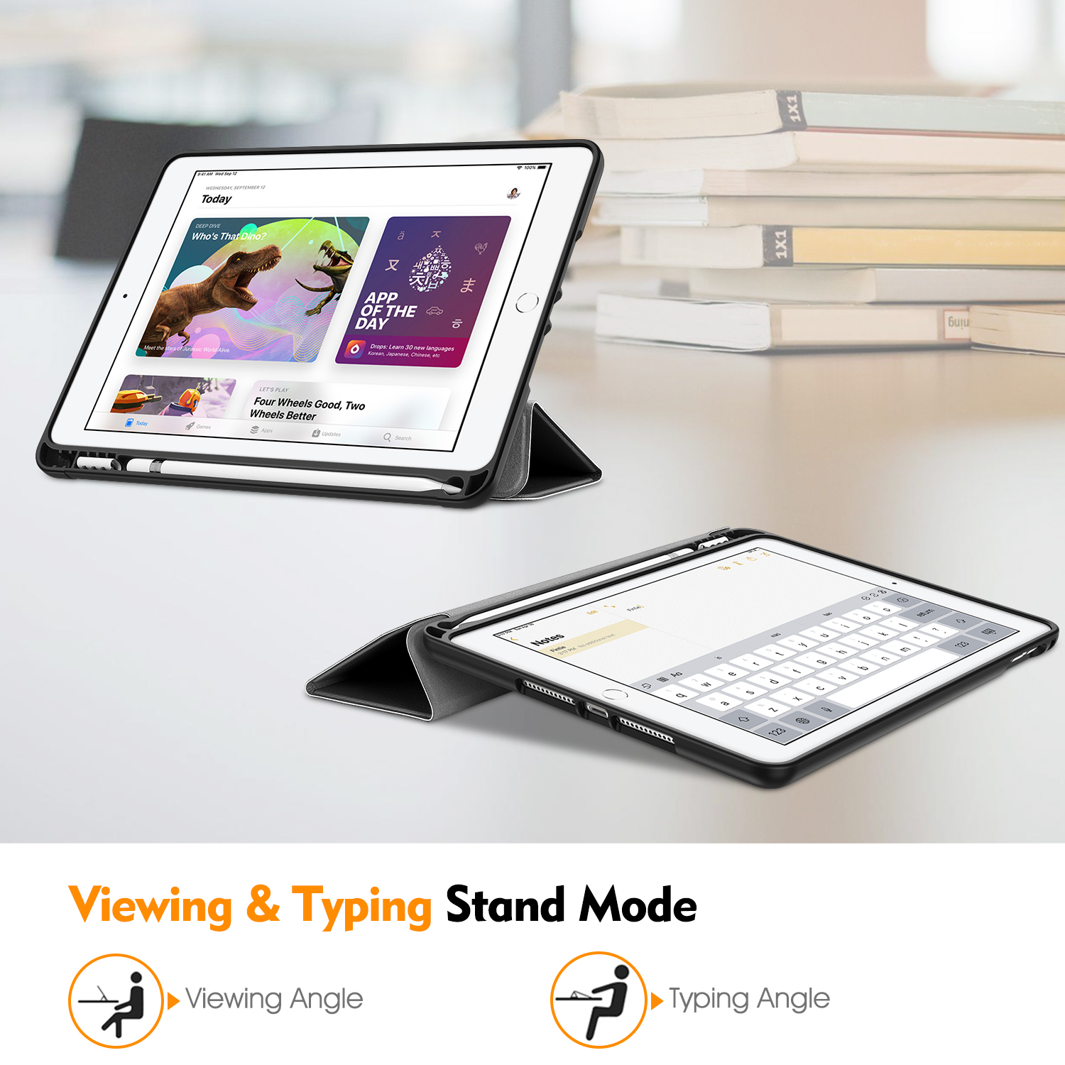 Tablet im Case, App-Oberfläche zeigend. Standmodus, mit Tastatur. Text: Viewing & Typing Stand Mode.