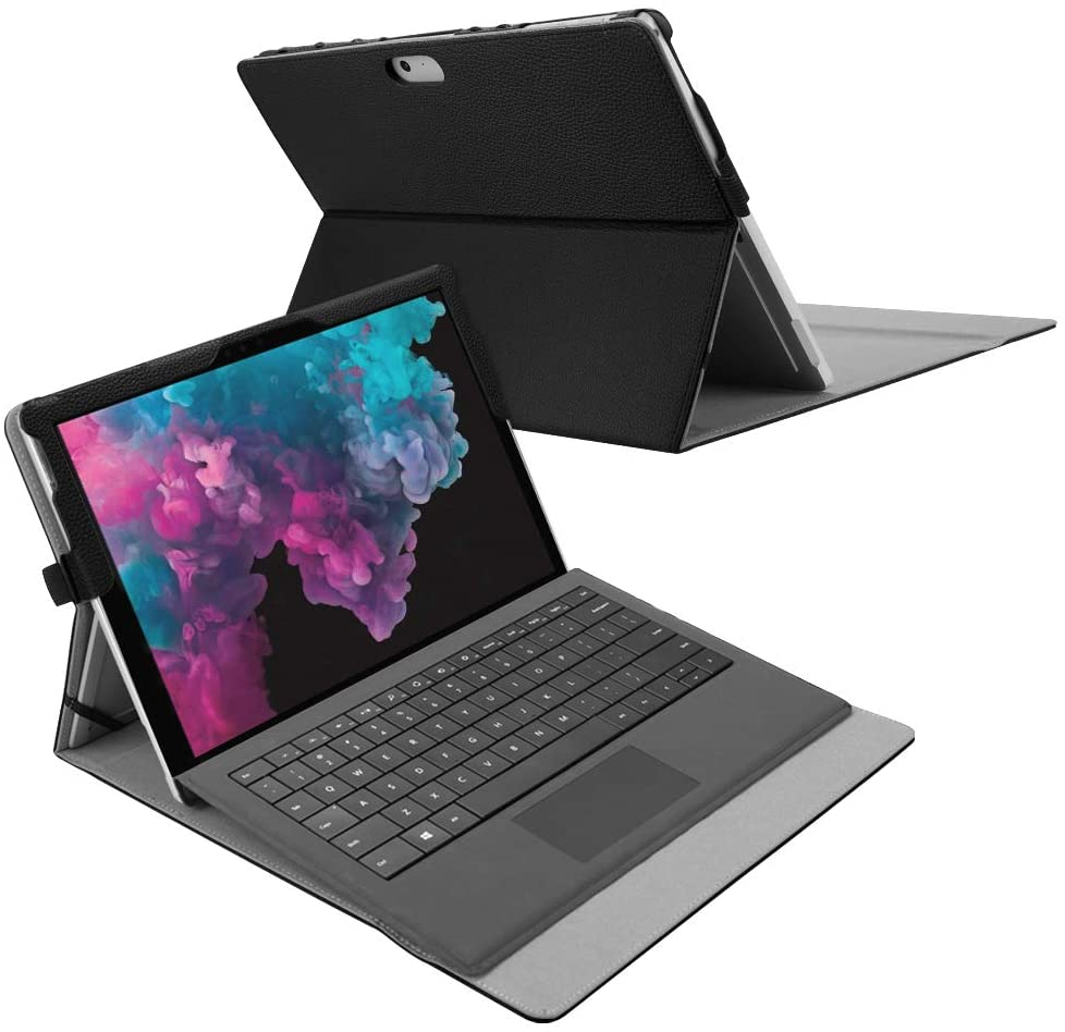 Schwarzes Tablet mit Tastatur und Hülle, geöffnet dargestellt. Die Hülle ist schwarz und der Bildschirm zeigt ein farbenfrohes Bild.
