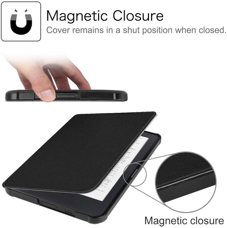 Schwarze E-Reader-Hülle mit Magnetverschluss. Eine Hand hebt die Abdeckung an, zeigt den Bildschirm, mit Magnetverschluss-Detail.