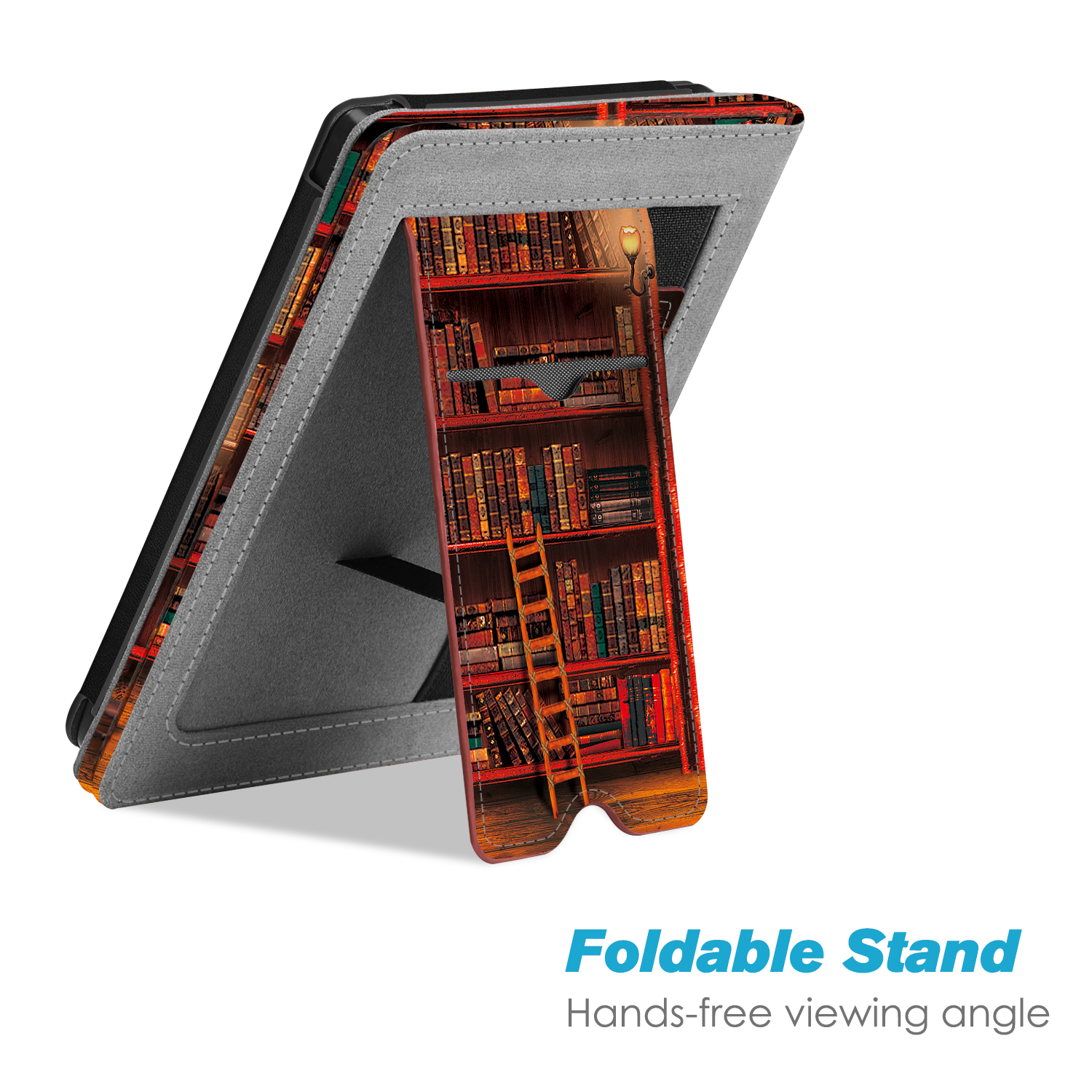Tablet in Hülle, faltbarer Ständer mit Bücherregal-Design für freihändiges Betrachten.