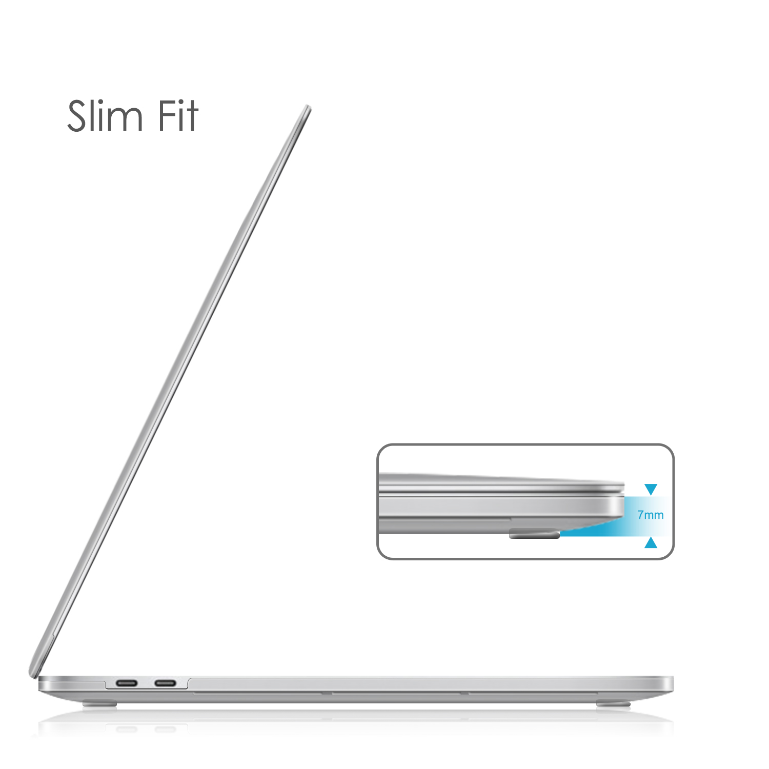 Seitenprofil eines schlanken silbernen Laptops, mit einer 7-mm-Dickenanzeige auf weißem Hintergrund.