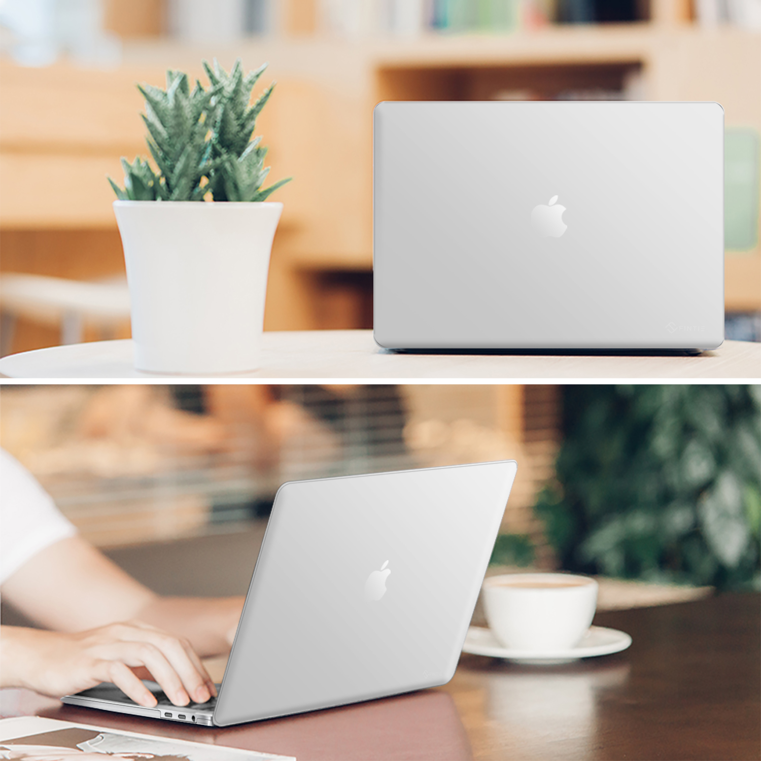 Silberner Laptop auf einem Tisch mit einer Pflanze. Ein zweites Bild zeigt den Laptop in Gebrauch mit einer Kaffeetasse.