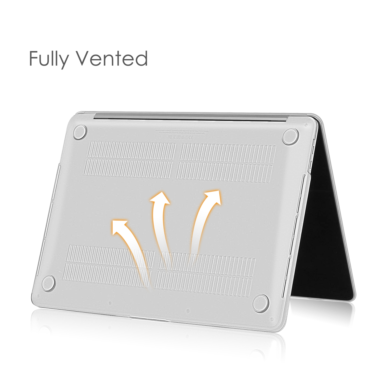 Laptop-Boden mit Lüftungsschlitzen und Text 'Fully Vented'. Pfeile zeigen die Luftstromrichtung.
