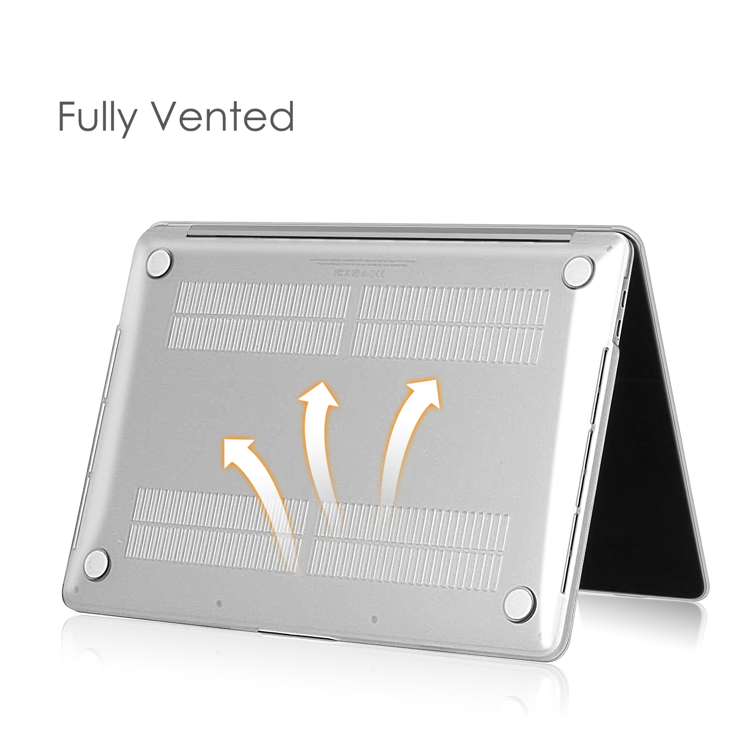 Transparente Laptop-Hülle. Die Rückseite des Laptops ist mit Lüftungsschlitzen und Füßen sichtbar.