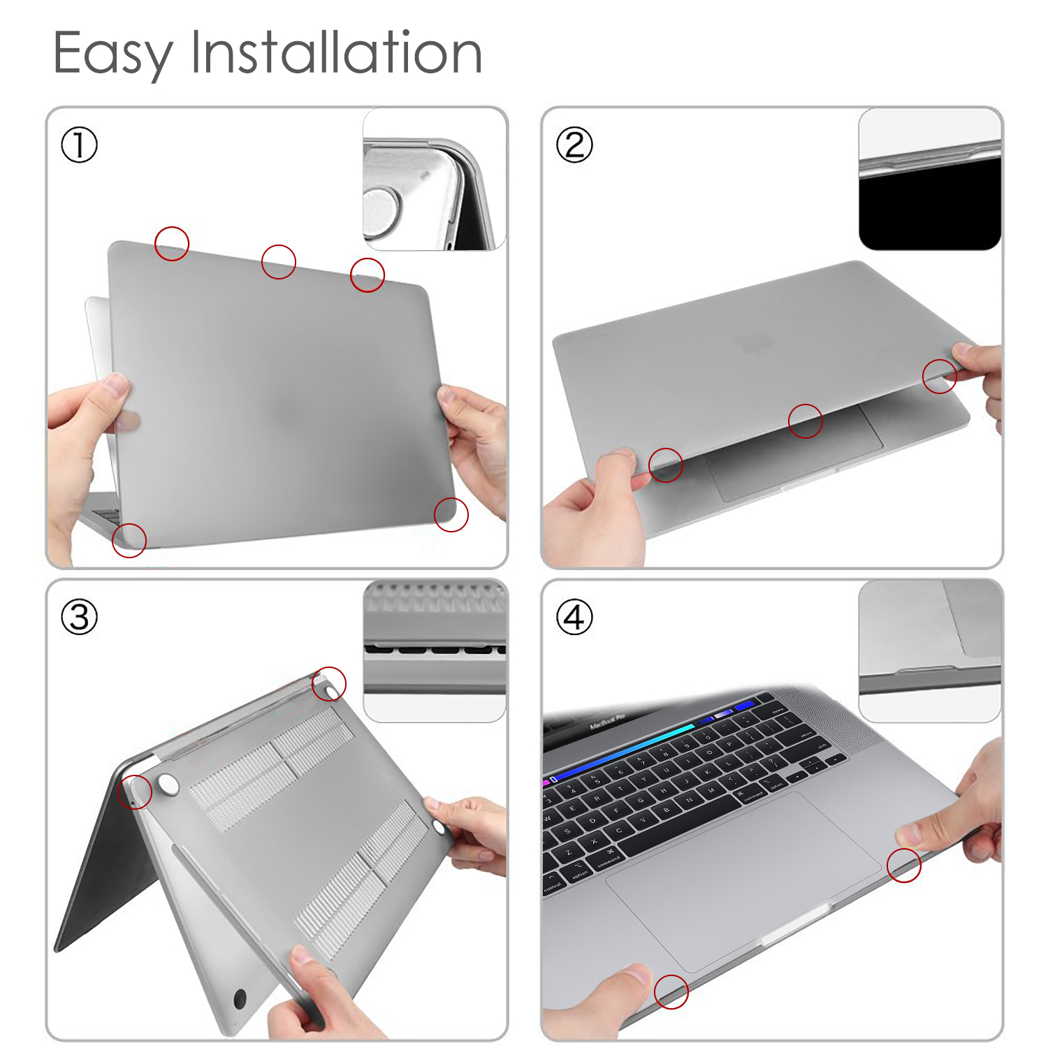 Vier Bilder, die die Schritte zur Installation einer Laptop-Hülle zeigen, mit roten Kreisen, die die Befestigungspunkte hervorheben.