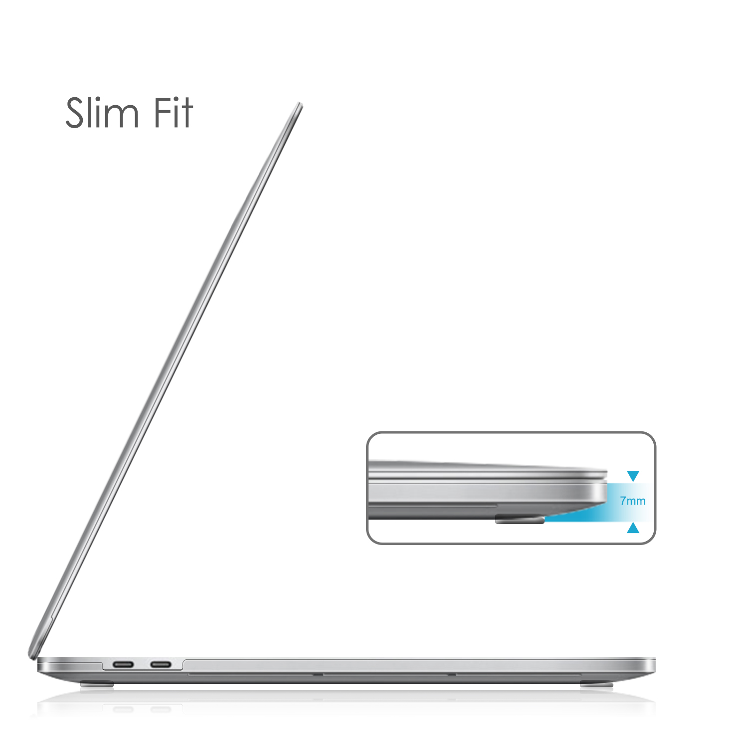 Seitenansicht eines silbernen Laptops. Text lautet 'Slim Fit'. Ein 7 mm dickes Detail ist abgebildet.
