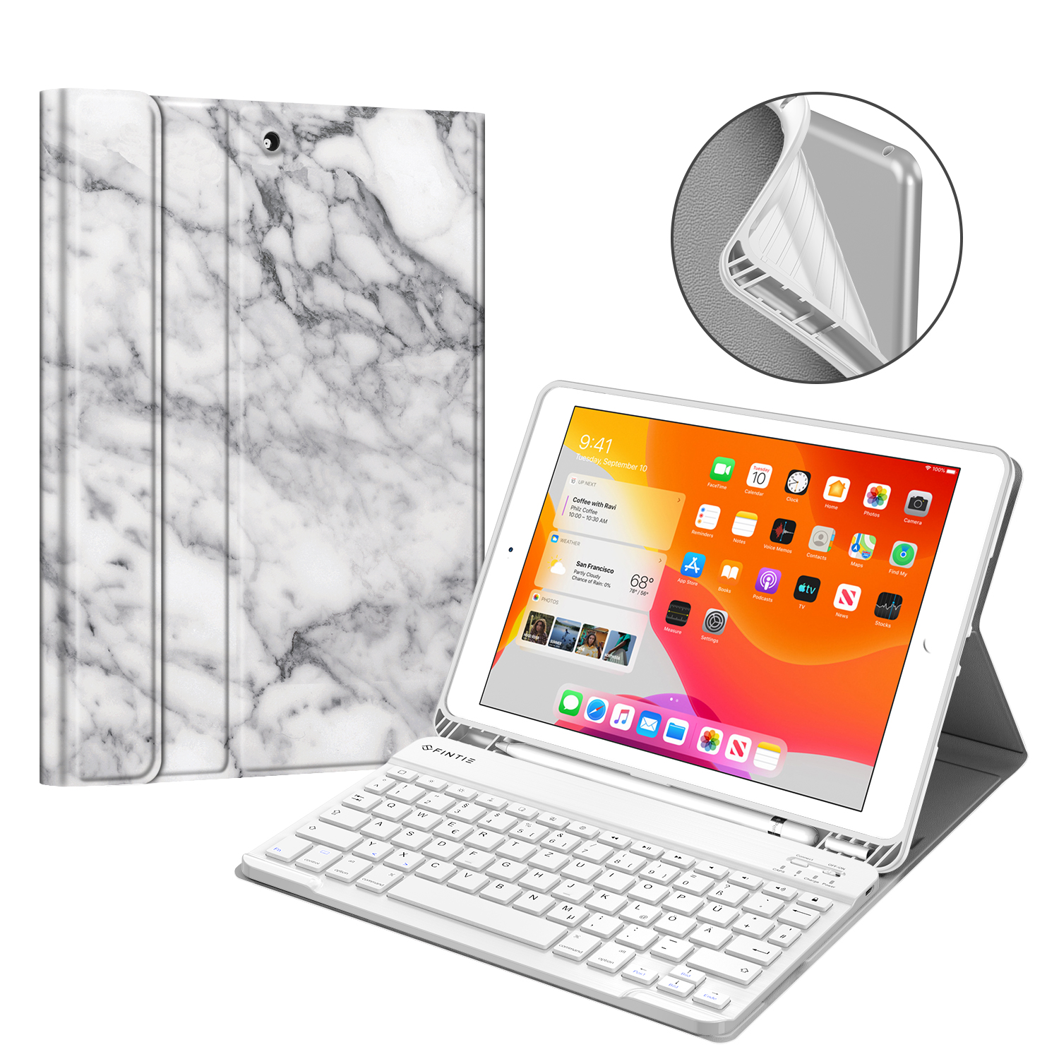 + Kunstleder, Apple Cover Flip für FINTIE Weiß Schutzhülle Marmor Tastatur Tablethülle