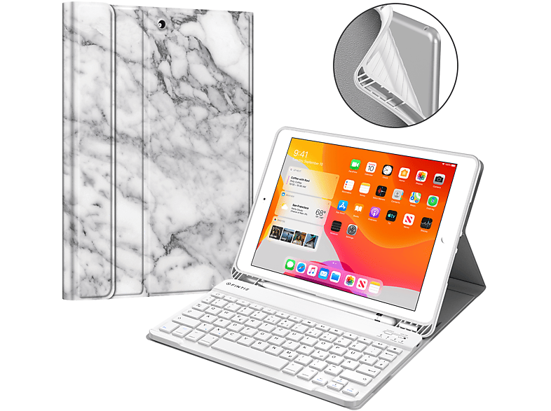 FINTIE Schutzhülle + Tastatur Tablethülle Flip Cover für Apple Kunstleder, Marmor Weiß