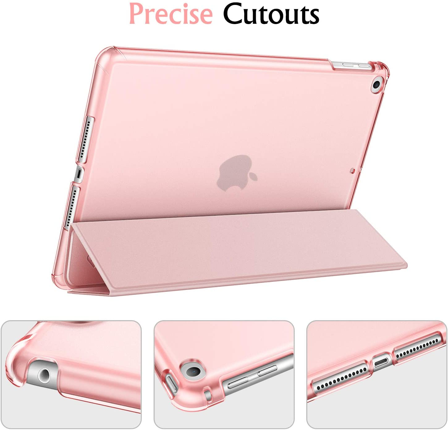 Eine rosa iPad-Hülle mit präzisen Aussparungen wird gezeigt, mit Nahaufnahmen der Anschlüsse und Knöpfe.