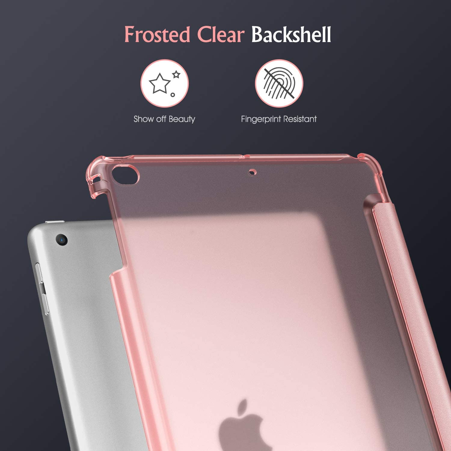 Rosa Tablethülle mit durchsichtigem Rücken, zeigt ein silbernes Tablet. Die Hülle hat einen rosa Rahmen.