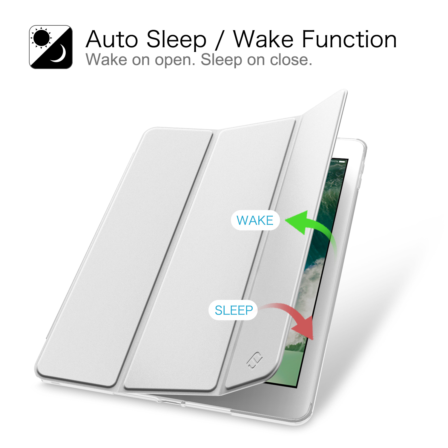 Weiße Tablet-Hülle geöffnet. Grüner Pfeil sagt WAKE und roter Pfeil sagt SLEEP. Sonnen-Symbol oben links.