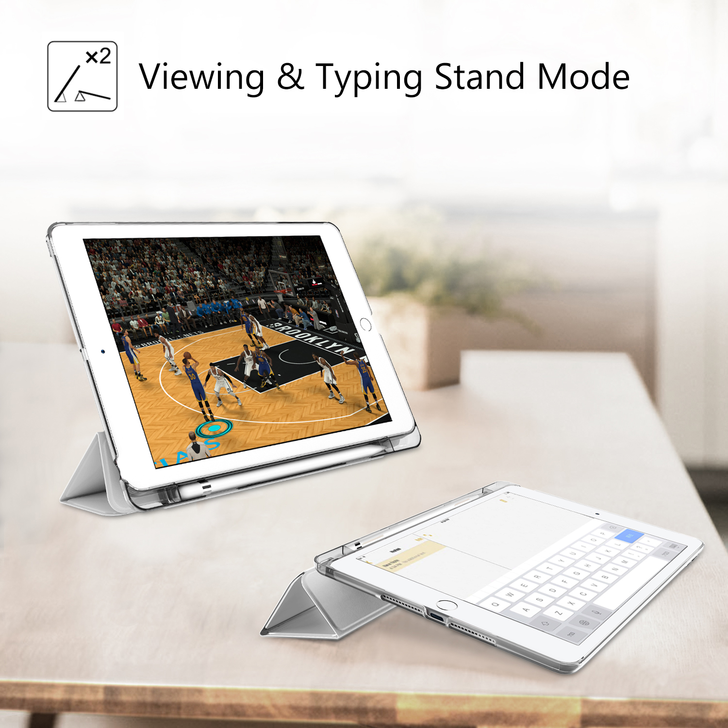 Tablets auf einem Tisch aufgestellt. Eines zeigt ein Basketballspiel, das andere eine Tastatur. Text: Betrachtungs- und Tippständer-Modus.