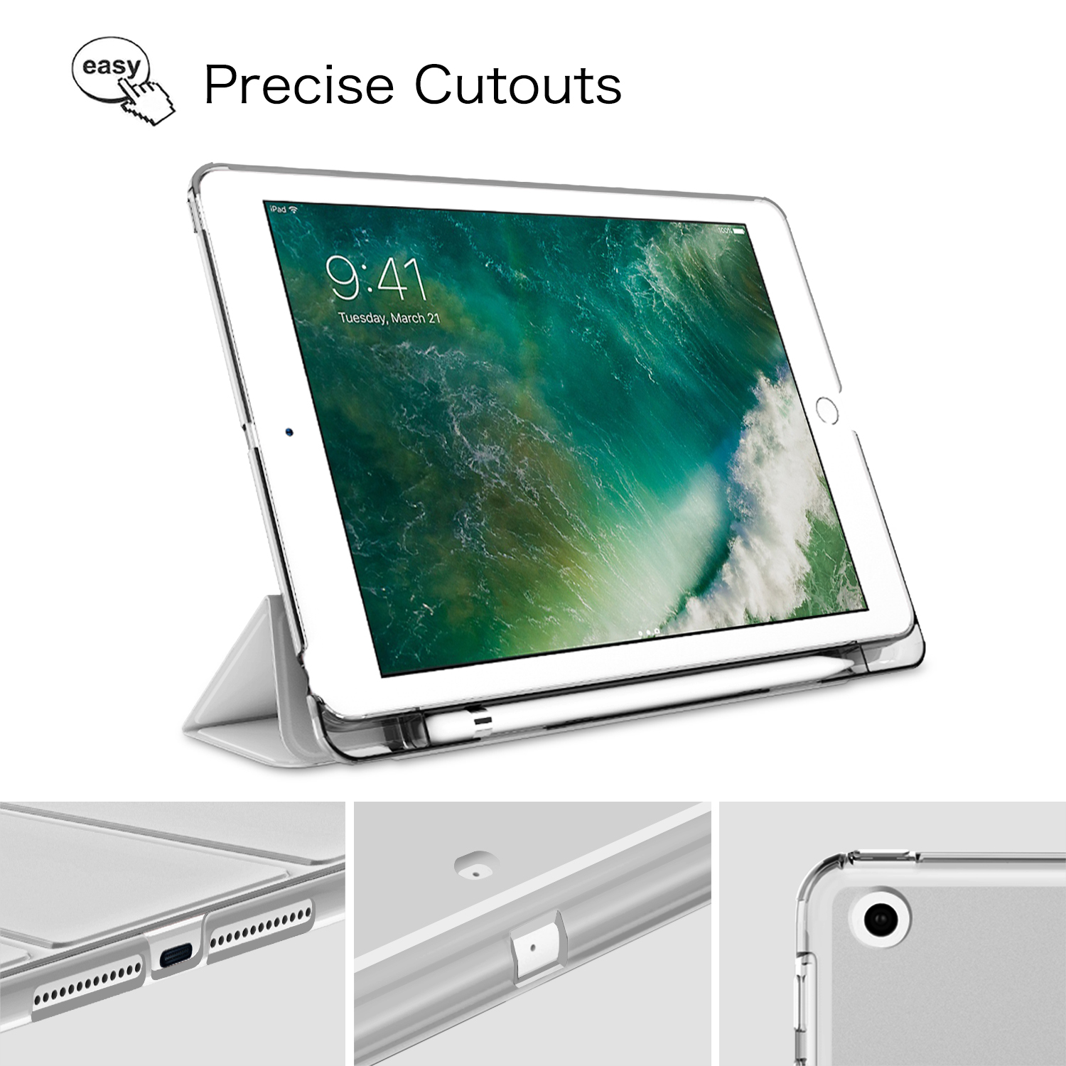 Tablet in klarer Hülle. Präzise Ausschnitte werden gezeigt. Einfacher Text.