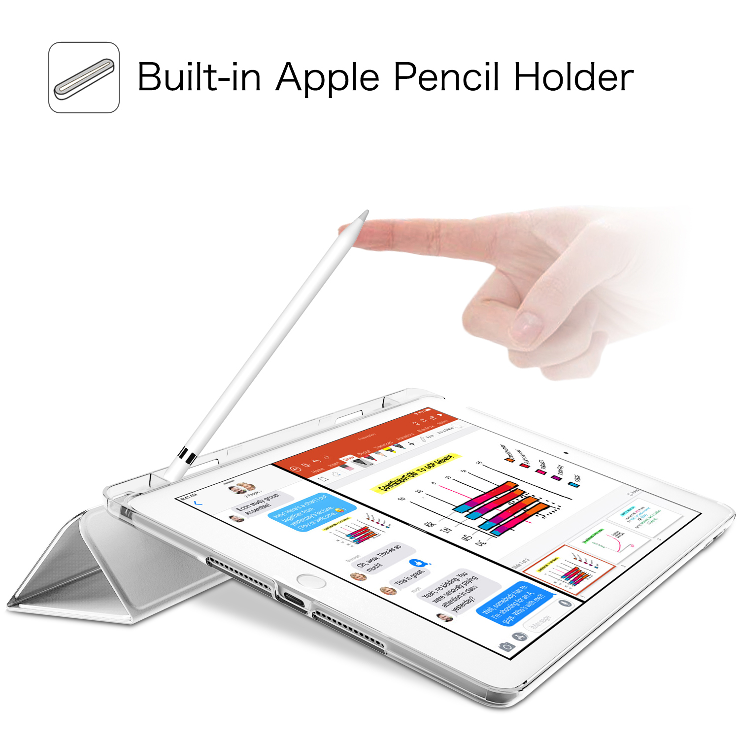 Ein iPad mit einem weißen Apple Pencil, das eine Präsentation auf dem Bildschirm zeigt. Integrierter Stifthalter.