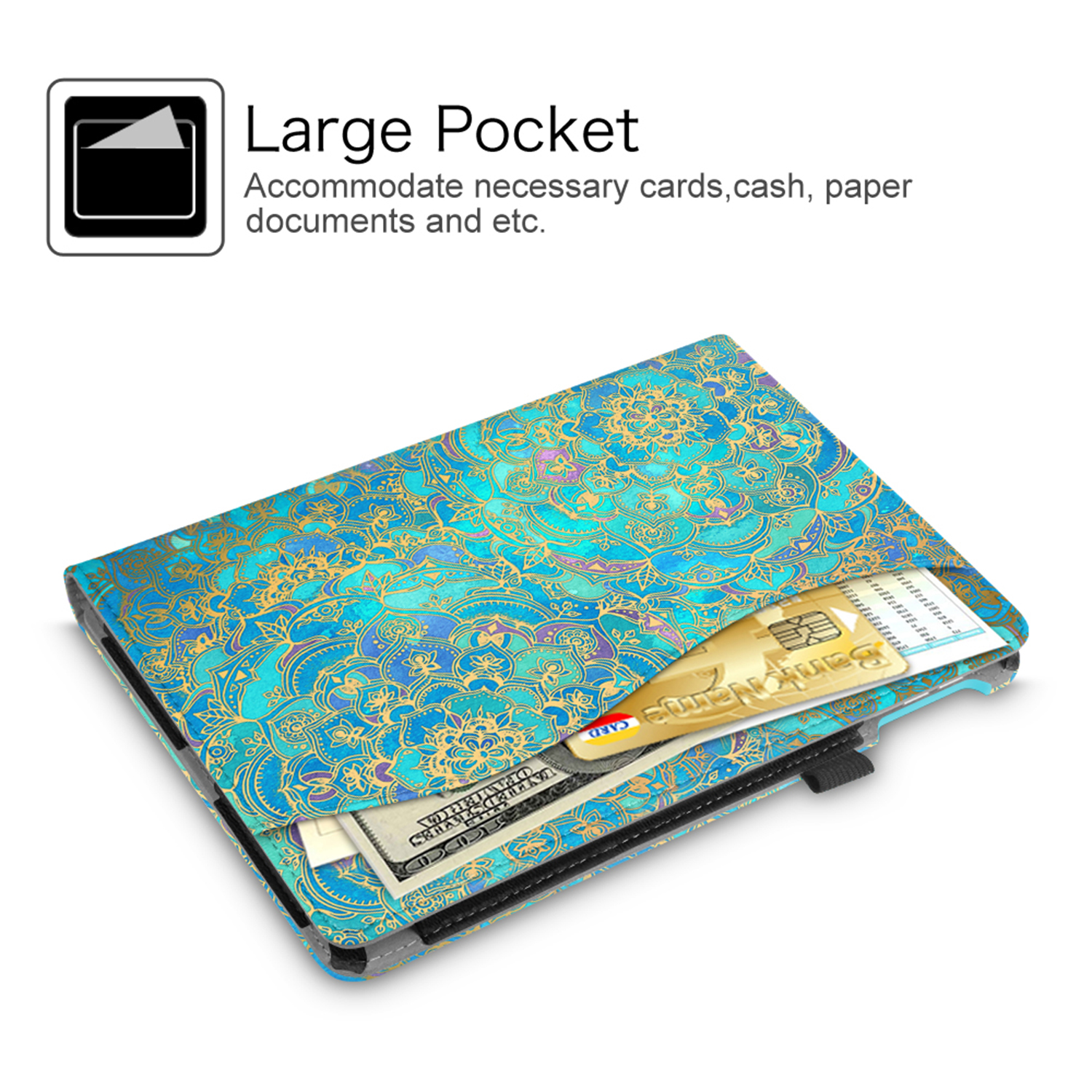Blau-gold gemusterte Tablethülle mit Bargeld und Karte in der Tasche.