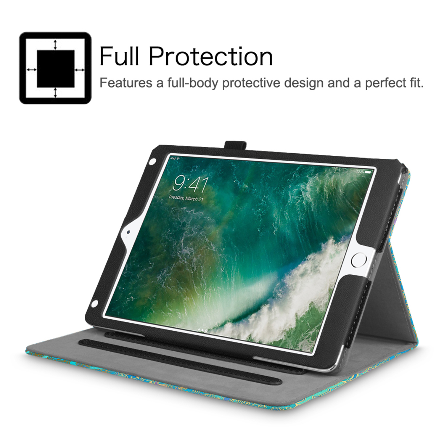 iPad in schwarzem Etui, geöffnet. Text: 'Full Protection'. Etui mit blauem und grünem Muster.