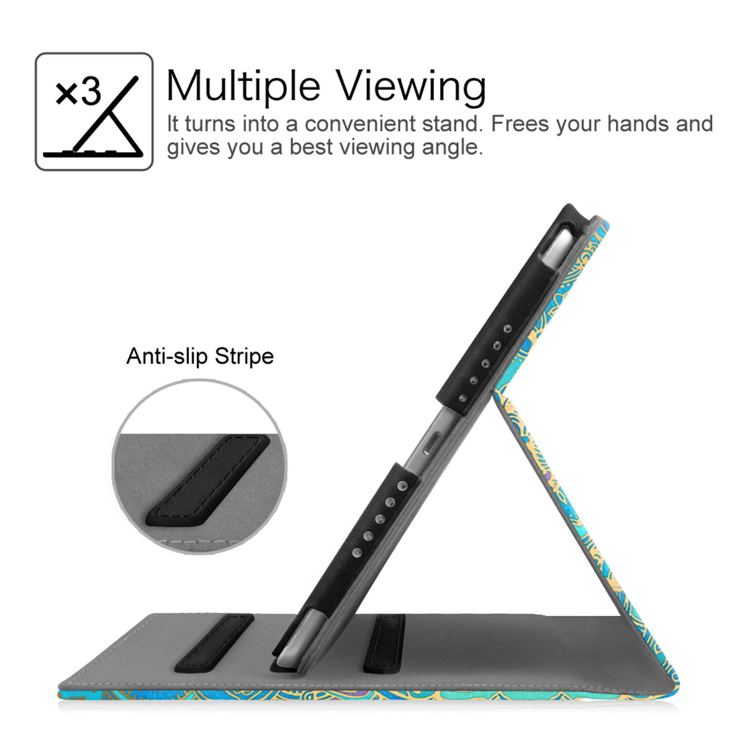 Tablet-Hülle in Ständerposition. Gehäuse ist schwarz und blau gemustert. Detail der Anti-Rutsch-Streifen.