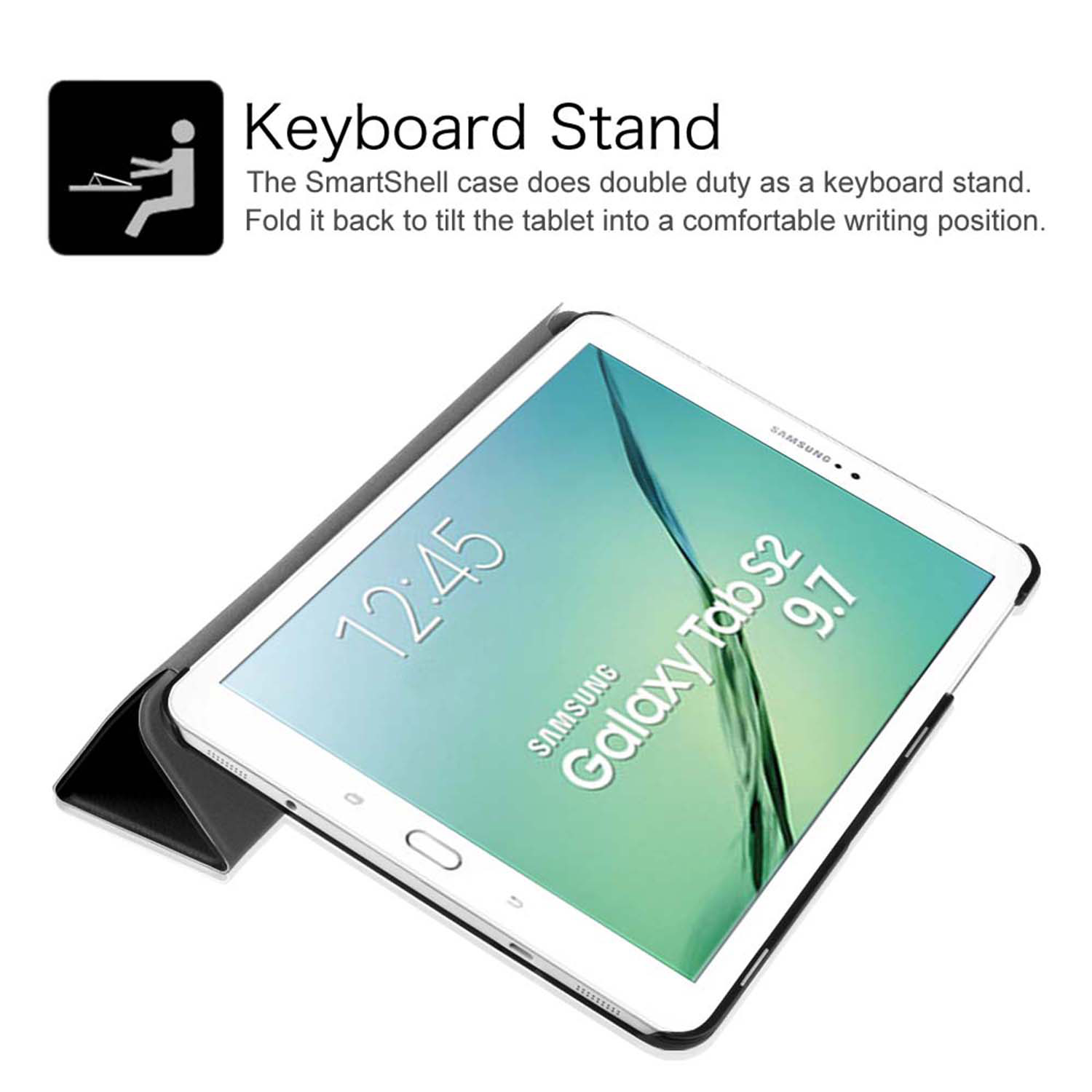Tablet in einer schwarzen Hülle, die auch als Tastaturständer dient, zeigt die Uhrzeit.